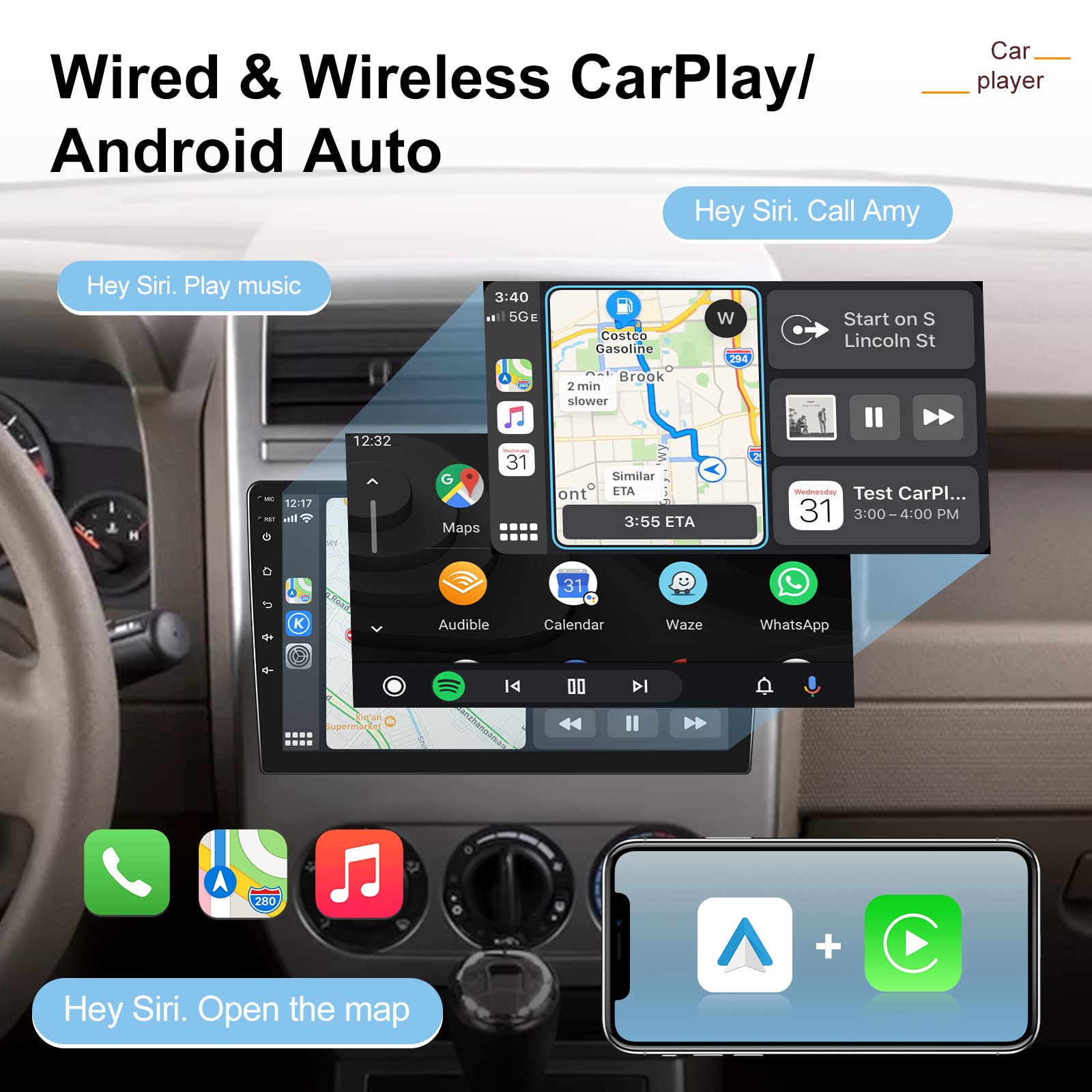 [2G+32G] Car Radio For Jeep Compass Patriot 2007 2008 2009, 10.1 Inch Android Touch Screen Stereo, Carplay/Android Auto/Mirror L