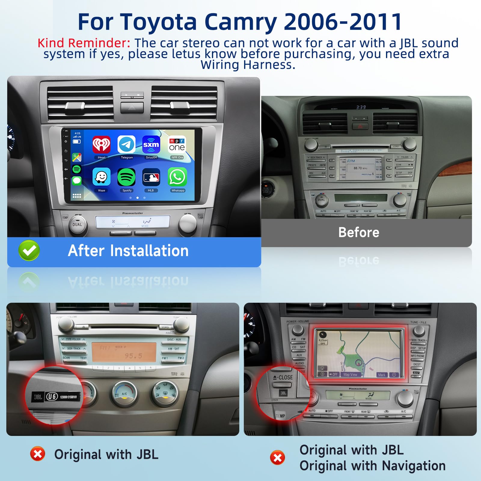 2+32G Android 13 Car Stereo For Toyota Camry 2006 2007 2008 2009 2010 2011, 9 Inch Hd Touchscreen Radio, Wireless Carplay Android Auto Gps Wifi Bluetooth Fm/Rds Swc Dual Usb Hd Backup Camera