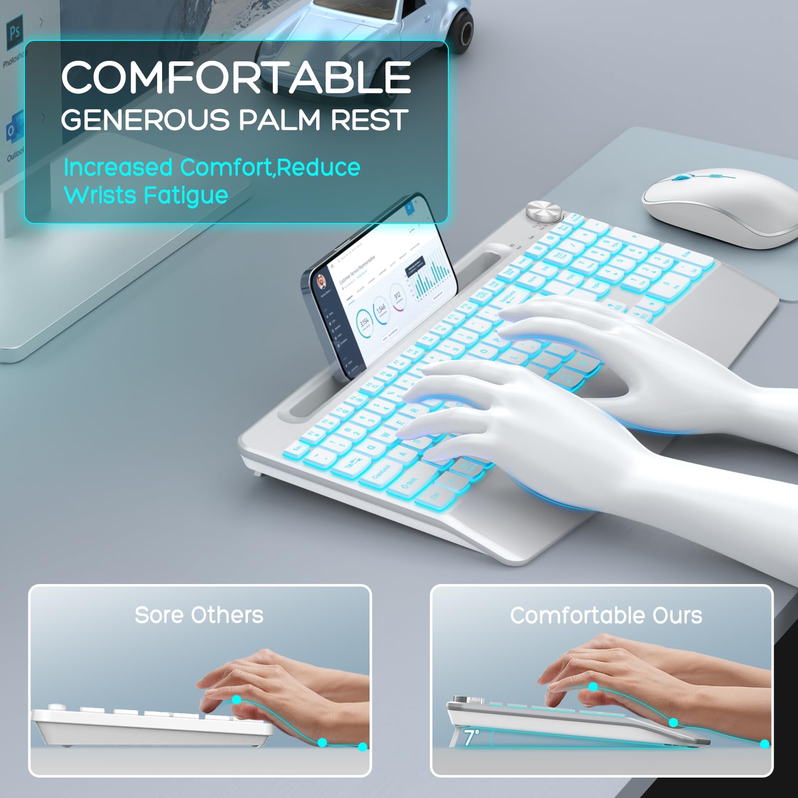 Joyaccess Wirless Keyboard And Mouse, Ergonomic Wireless Backlit Keybaord With Phone Holder,Rechargeable Wireless Keyboard Mouse