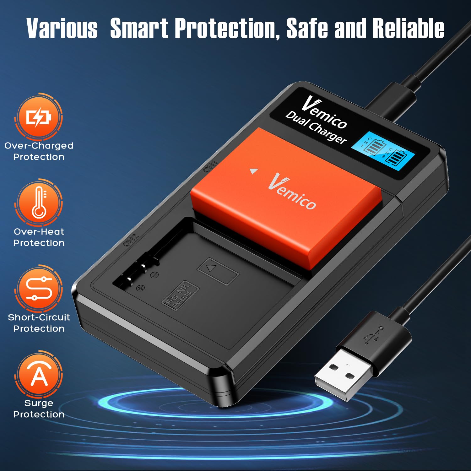 Vemico En El14 En El14A Battery Charger Kit 2 X 1500Mah Replacement Batteries Dual Slot Lcd Charger Pack For D3400 D5100 D3200 D