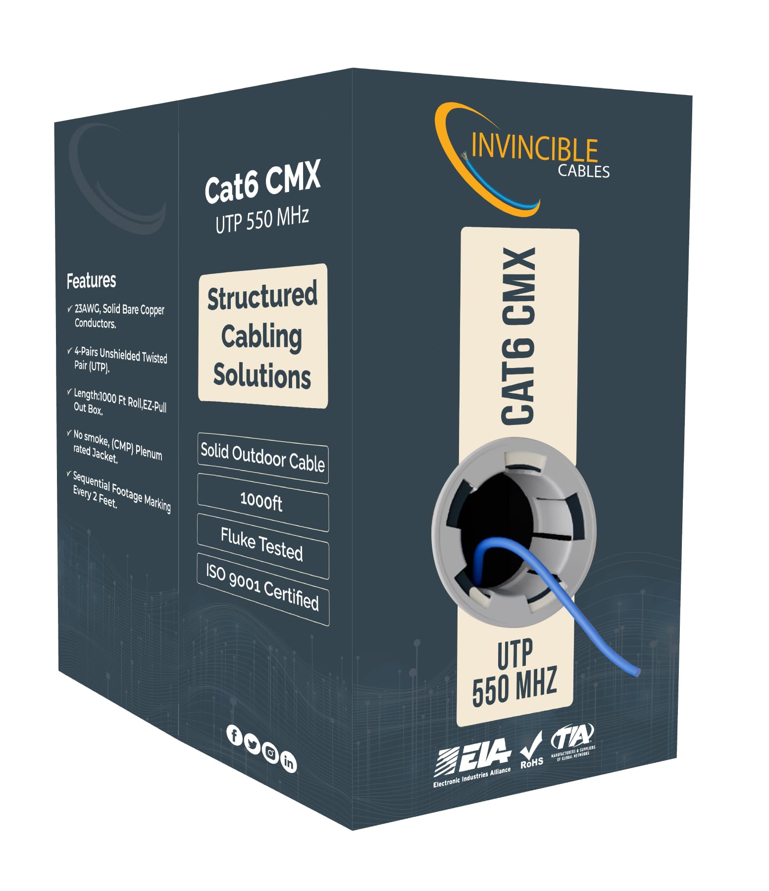Invincible Cables Cat6 Outdoor (Cmx) 1000Ft Cable | 100% Solid Copper Conductors | 550 Mhz, 23Awg 4 Pair, Utp | Poe++ Compatible