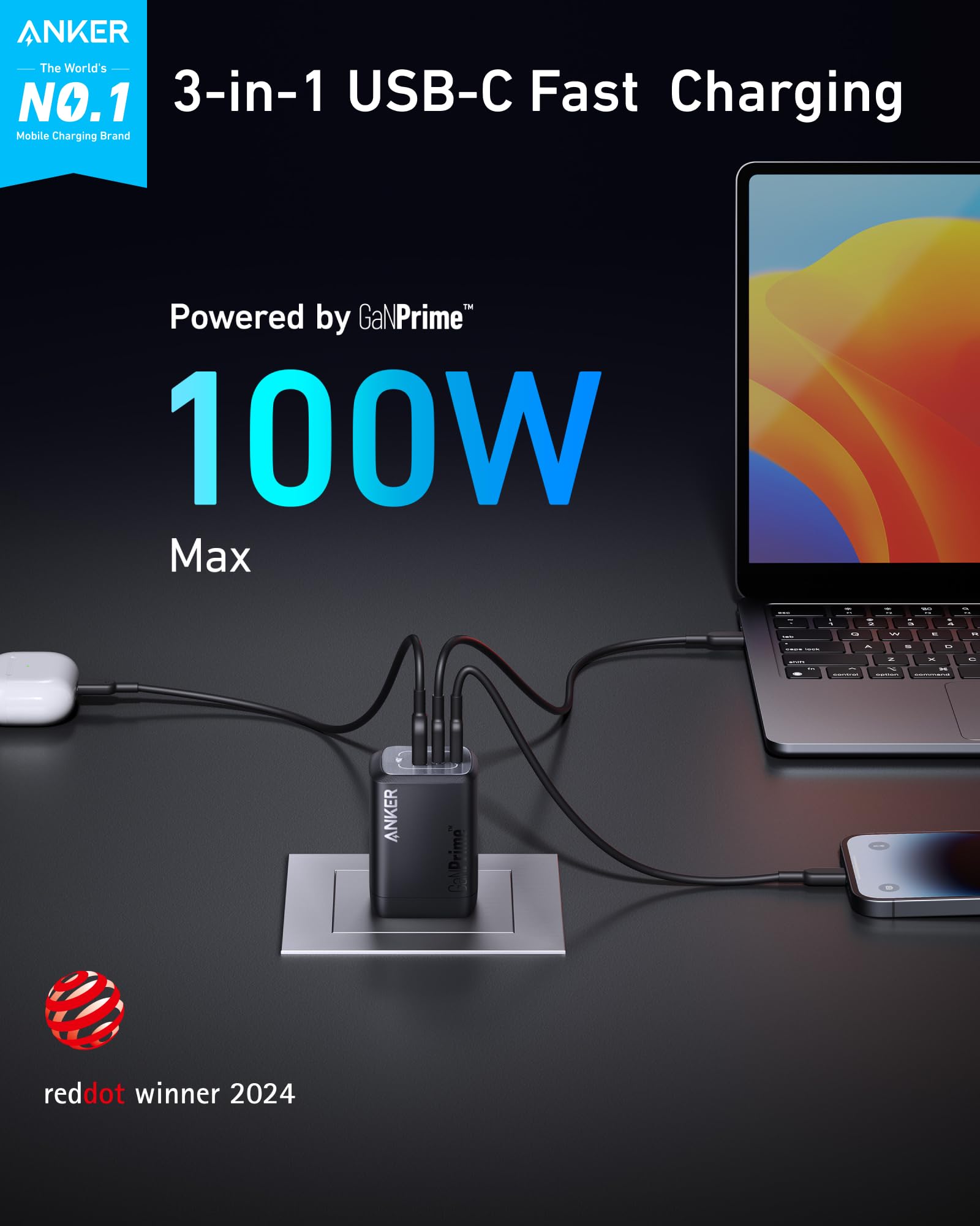 Anker Prime 100W Usb C Charger, Anker Gan Wall Charger, 3 Port Compact Fast Pps Charger, For Macbook Pro/Air, Pixelbook, Ipad Pr