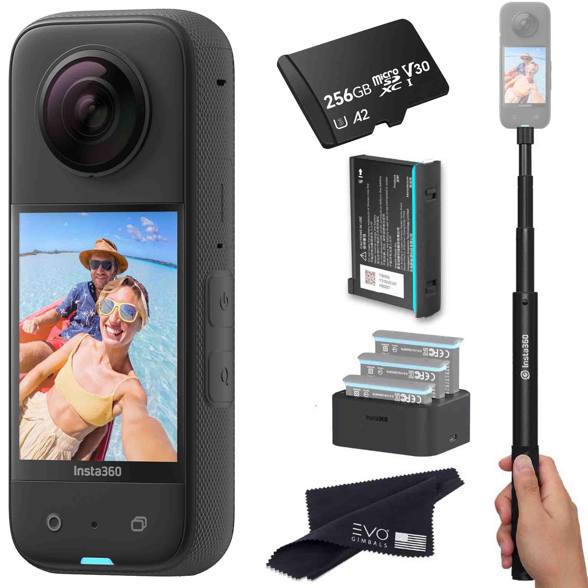 Insta360 X3 - Waterproof 360 Action Camera Bundle Includes Extra Battery, Charger, Invisible Selfie Stick & 256GB Memory Card