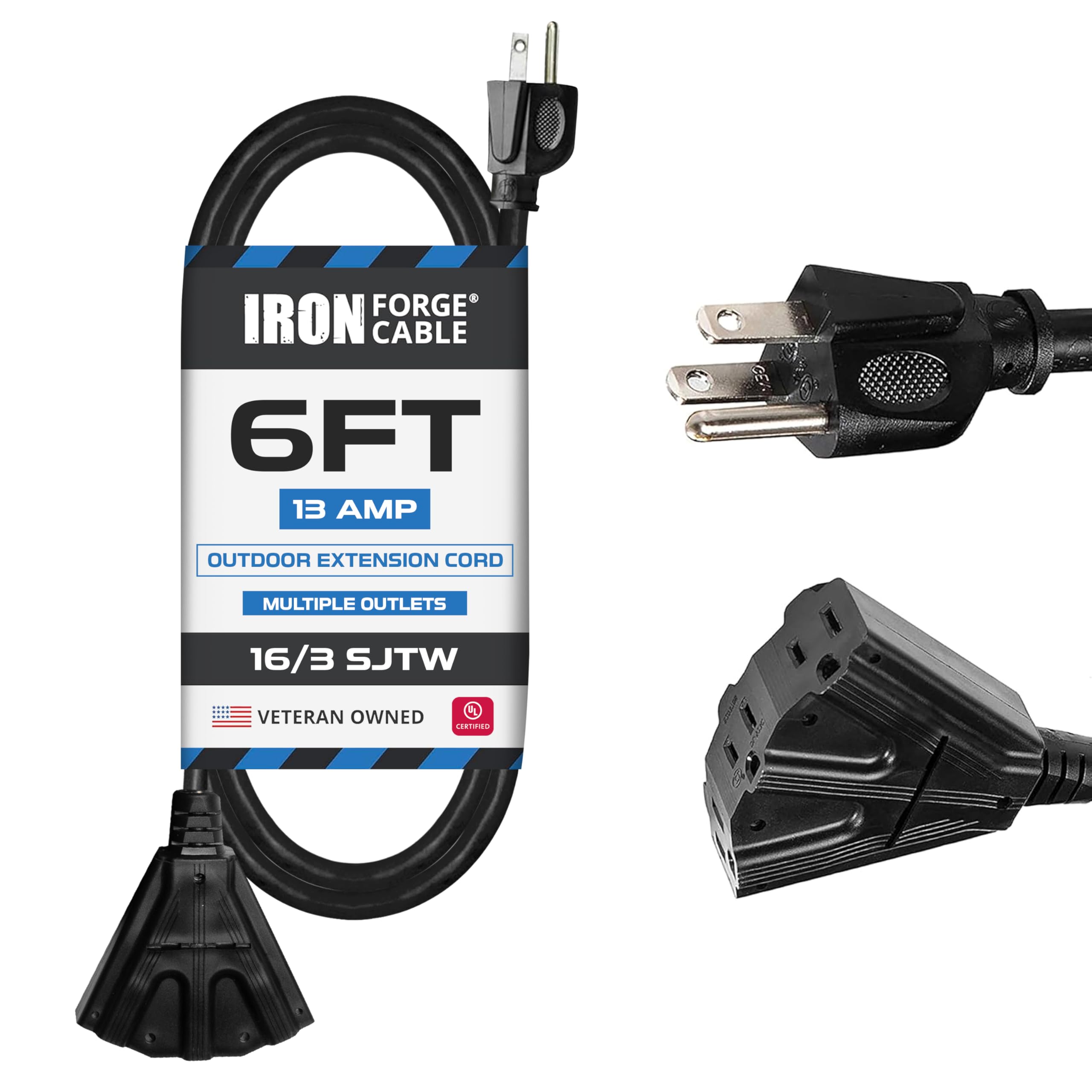 Iron Forge Cable 3 Outletoutdoor Extension Cord 6 Ft, 16/3 Sjtw Black Extension Cord With Multiple Outlets 3 Prong, 13 Amp Heavy
