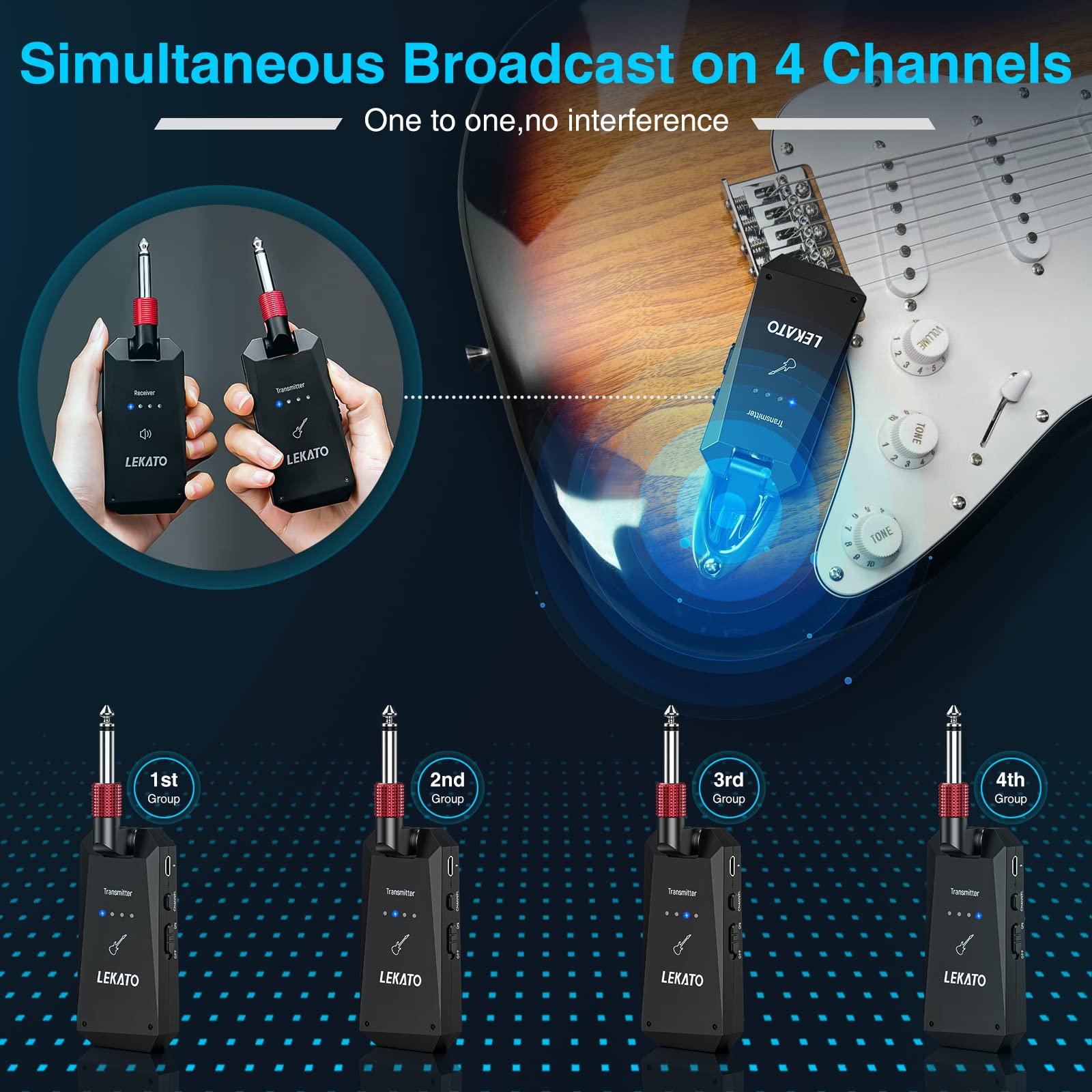 Lekato Wireless Guitar System 5.8G, Wireless Guitartransmitter Receiver 4 Channels Rechargeable Guitar Wireless System For Elect