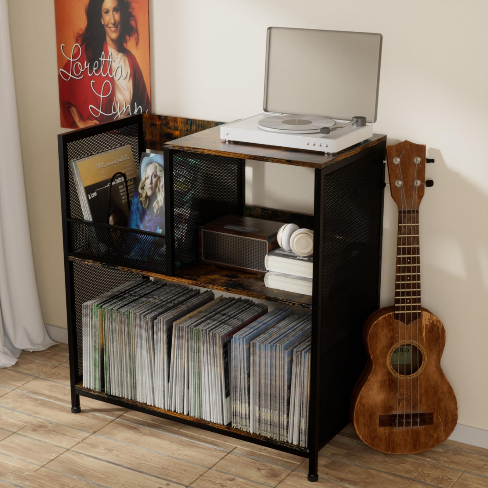 Large Record Player Stand With Vinyl Storage, 3 Tier Vinyl Record Storage For 300 Albums, Wood & Metal Turntable Stand With Cust
