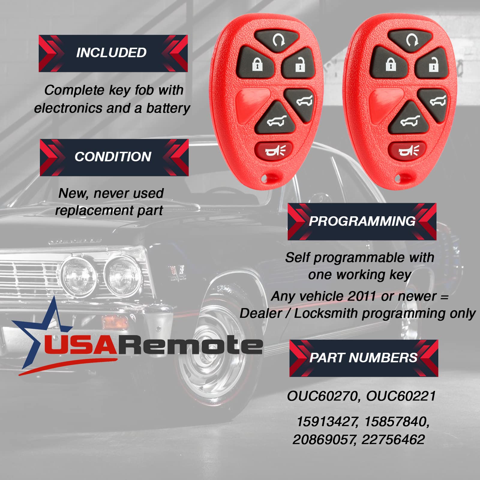 Key Fob Keyless Entry Remote Fits 2007 2014 Chevy Tahoe Suburban / 2007 2014 Cadillac Escalade / 2007 2014 Gmc Yukon (Red), Set