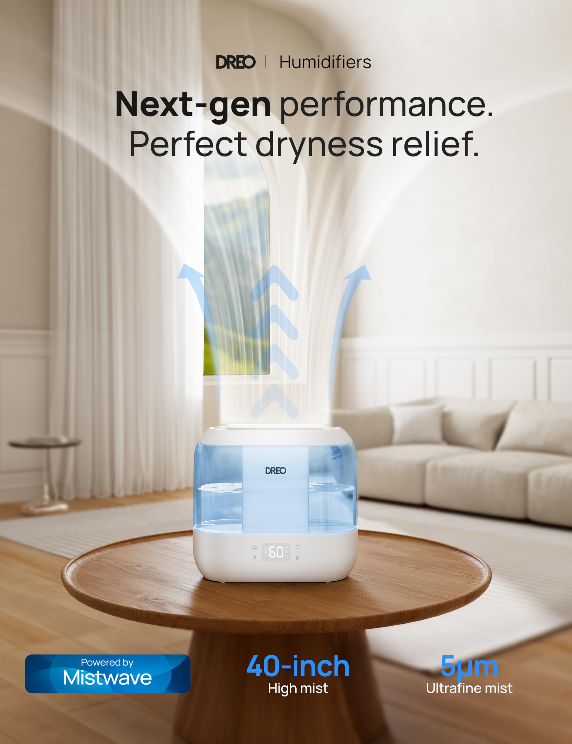 Humidifiers For Bedroom - Dreo Quiet (4L Water Tank) Cool Mist Top Fill Essential Oil Diffuser For Home, Smart App & Voice Contr
