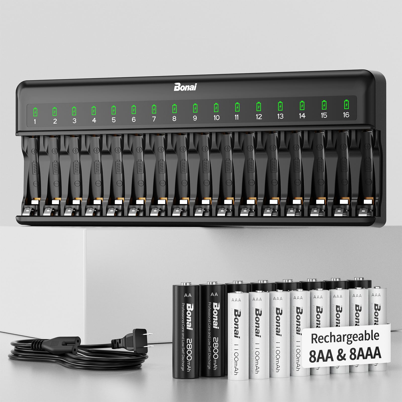 Bonai Rechargeable AA and AAA Batteries with Charger, 8 x 2800mAh AA & 8 x 1100mAh AAA & 16 Bay Advanced Individual Fast Battery