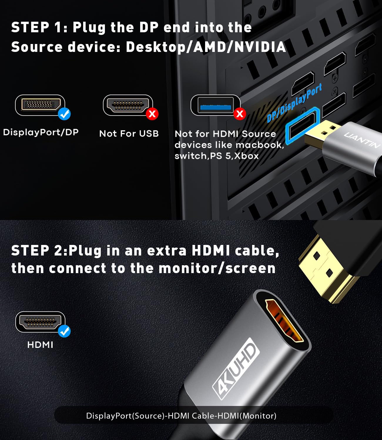 Uantin 5 Pack Display Port To Hdmi 4K Adapter | Braided Dp Displayport Male To Hdmi Female Uni Directional Converter For Pc Dell