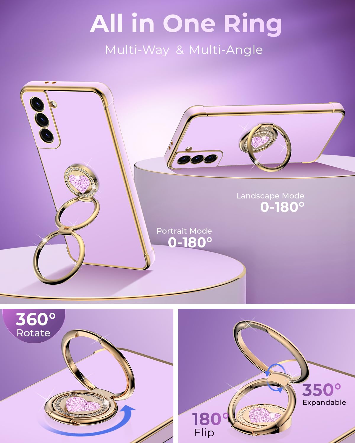 Xyz For Galaxy S21 Case With Stand, Samsung S21 Case With Double Ring, Women Girls Bling Luxury Protective Phone Case Heart For