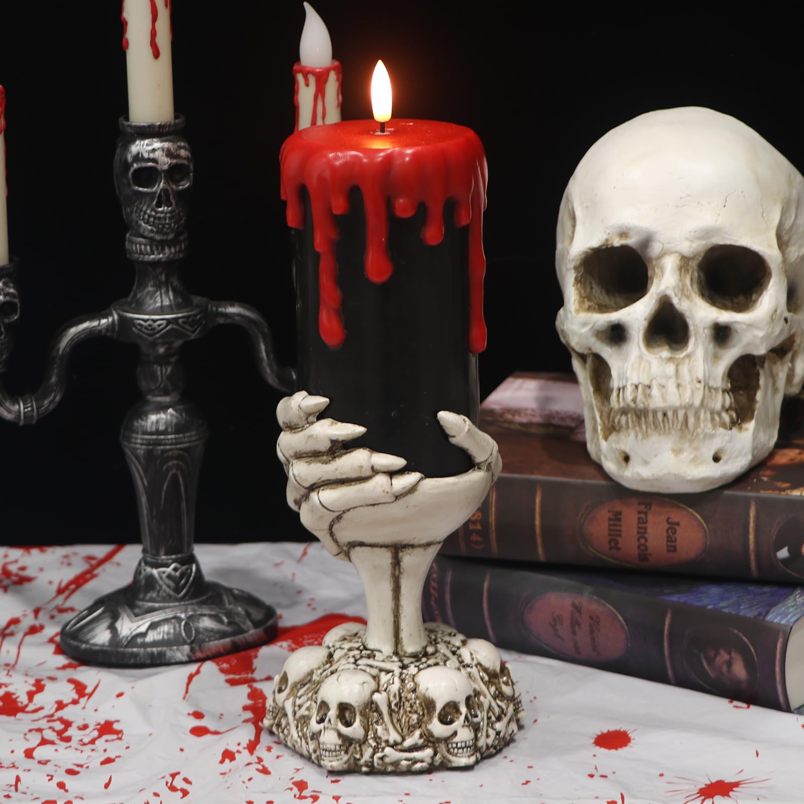 Eldnacele Halloween Flickering Flameless Candles Ghost Hand Candlesticks With Timer,Battery Operated With Red Blood Dripping 3D