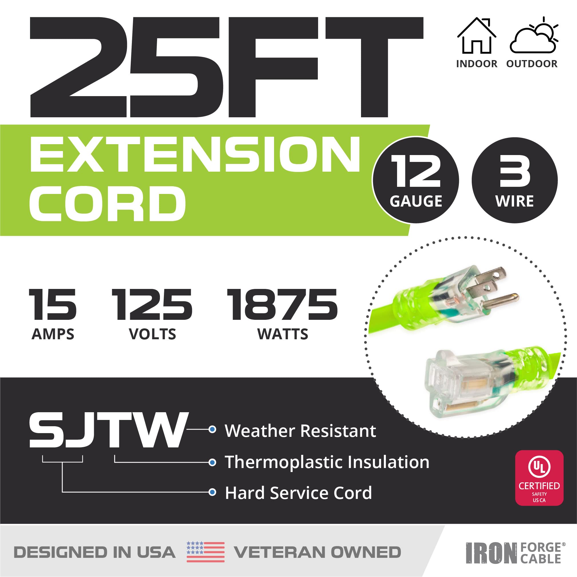 Iron Forge Cable 12 Gauge Extension Cord 25 Ft, 12/3 Sjtw 25 Foot Heavy Duty Extension Cord Outdoor 3 Prong, Weatherproof 15 Amp