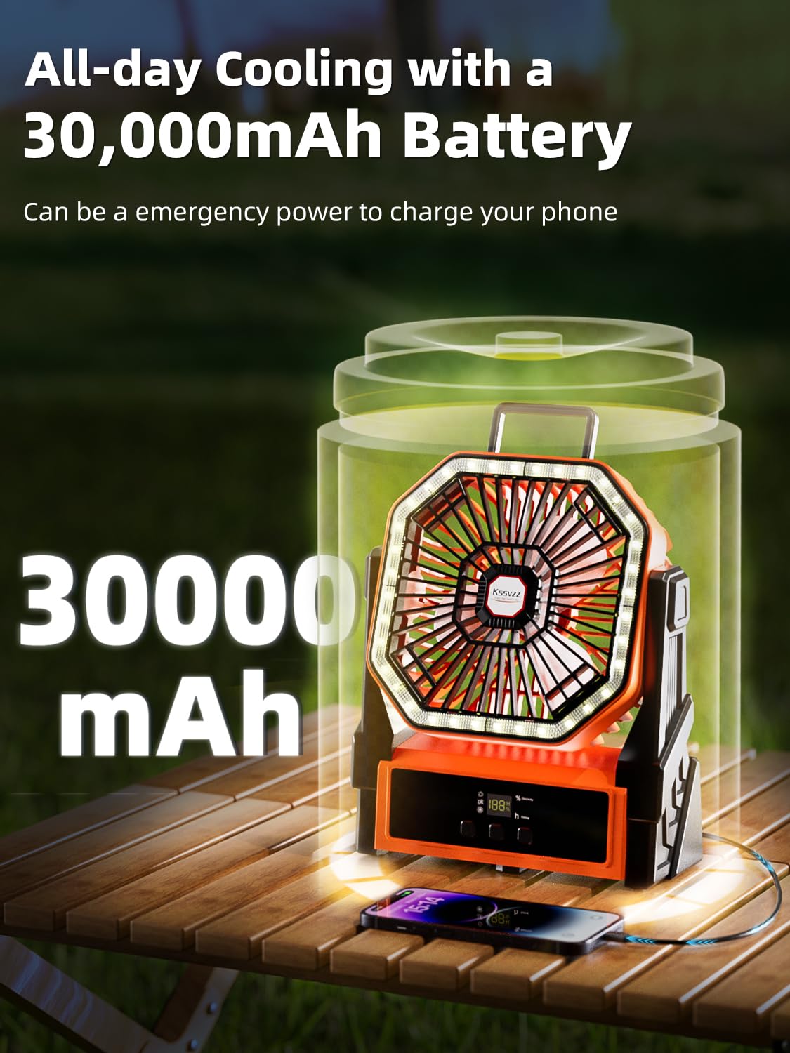 Portable Camping Fan Rechargeable With Led Lantern - 30000Mah Cordless Battery Powered Fan, 4 Speed Usb Table Desk Fans, Battery