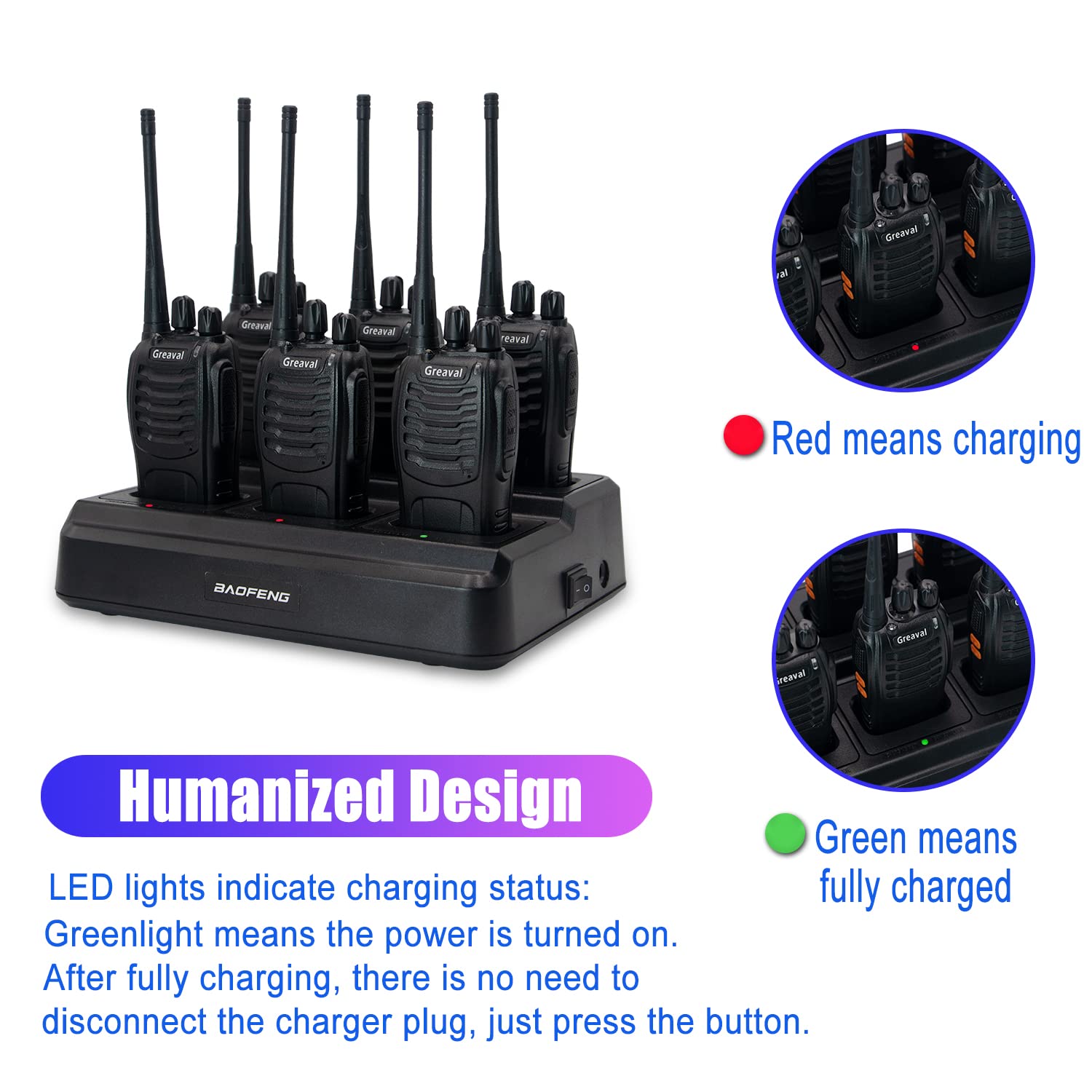 Greaval Gv 8S Long Range Walkie Talkies With Six Way Multi Unit Charger For Adults, 6 Pack Rechargeable Walkie Talkies With 12 Li Ion Batteries, Two Way Radio With Earpieces And Mic