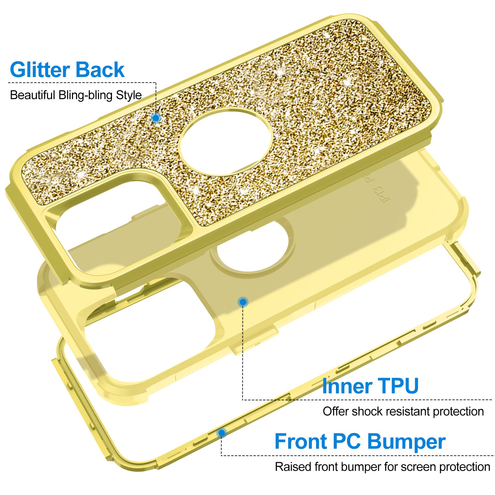 Hython Glitter Shockproof Hybrid Hard PC Soft TPU Phone Case for iPhone 13 Pro Max Yellow