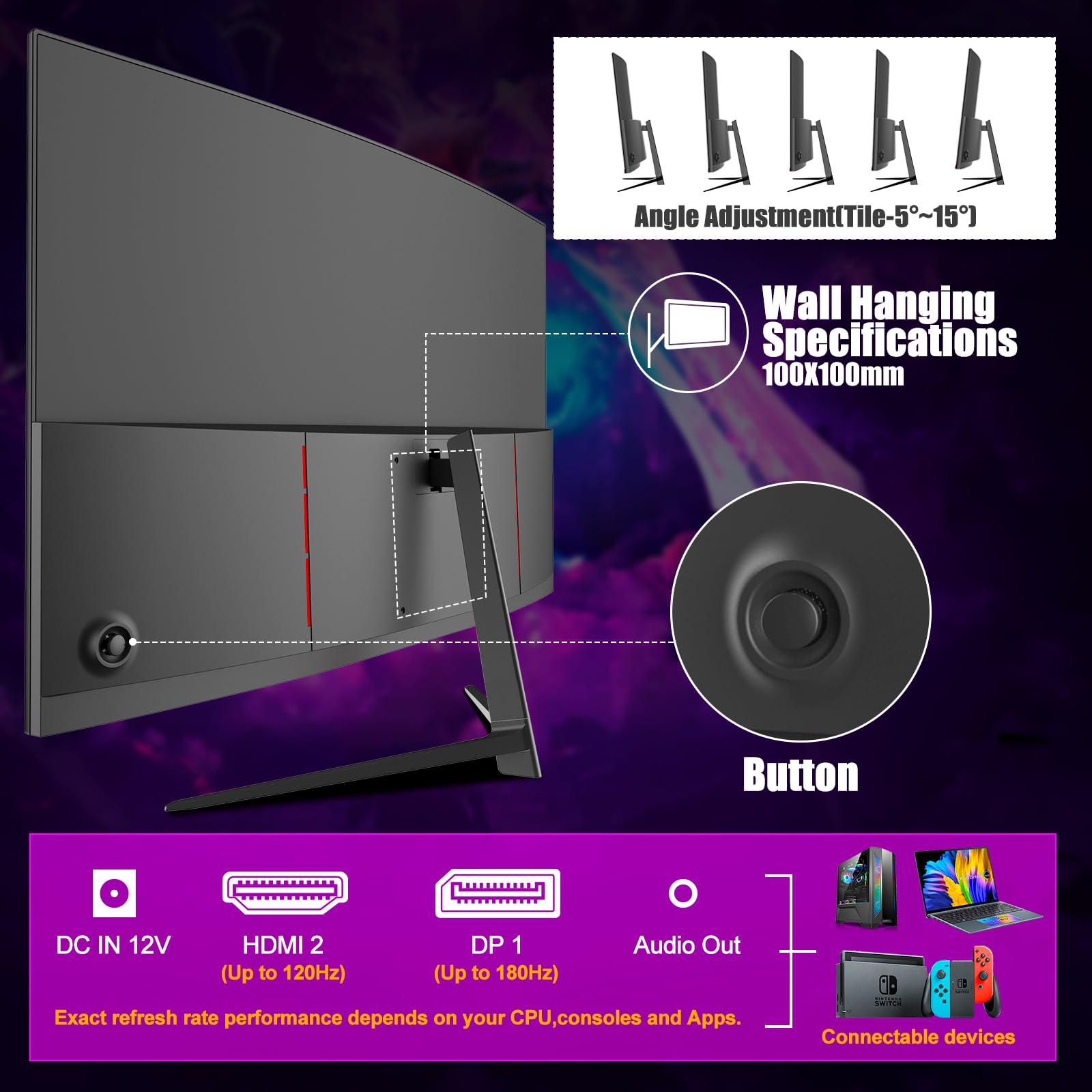 Gawfolk Curved 27 Inch Gaming Monitor 144Hz/180Hz Pc Monitor Full Hd 1080P, Frameless 1800R Computer Display With Freesync & Eye