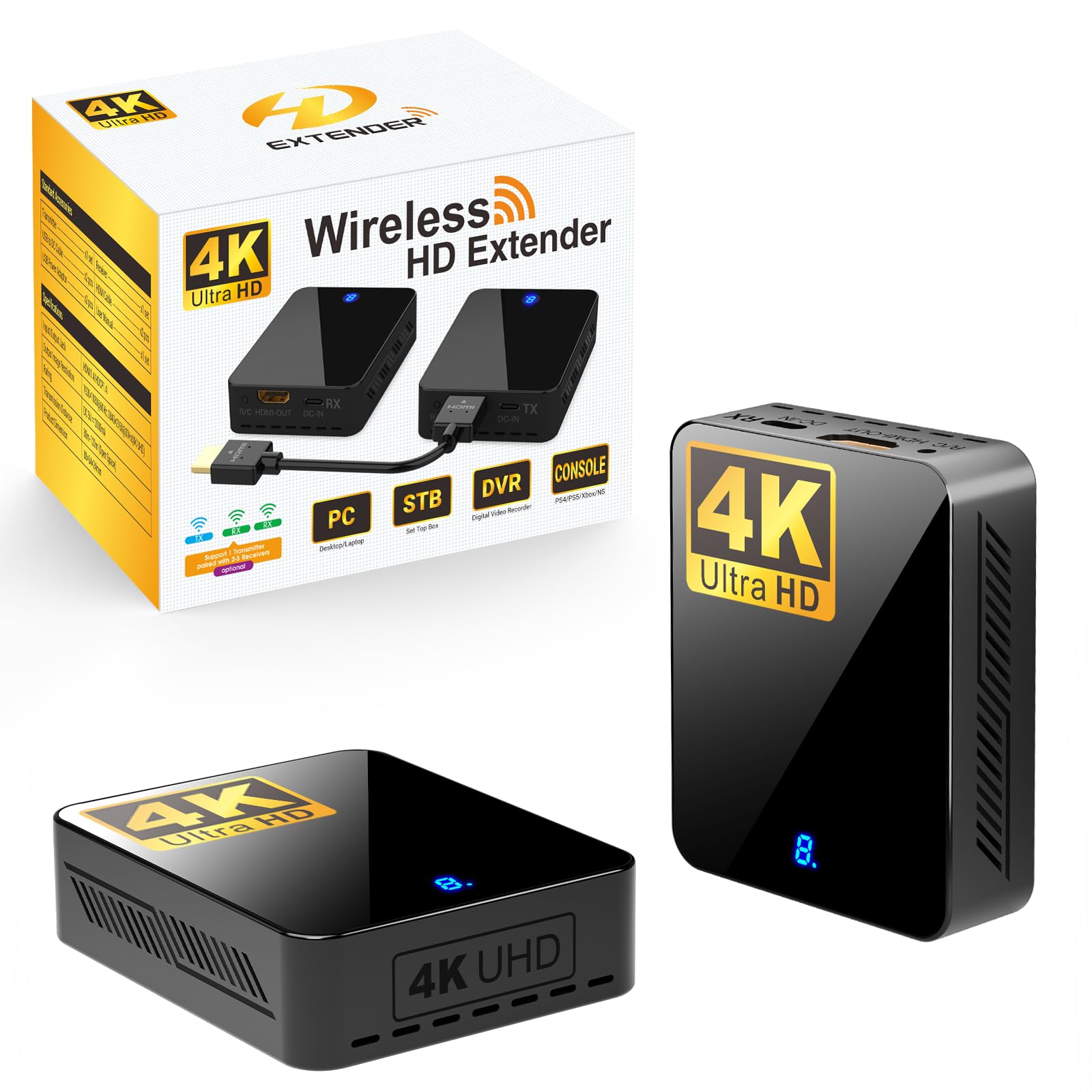 Wireless HDMI Transmitter and Receiver 4K 30Hz, 400FT/120M Long Range, 9 Adjustable Channels, 1TX to 3RX- Stream HD Video/Audio 