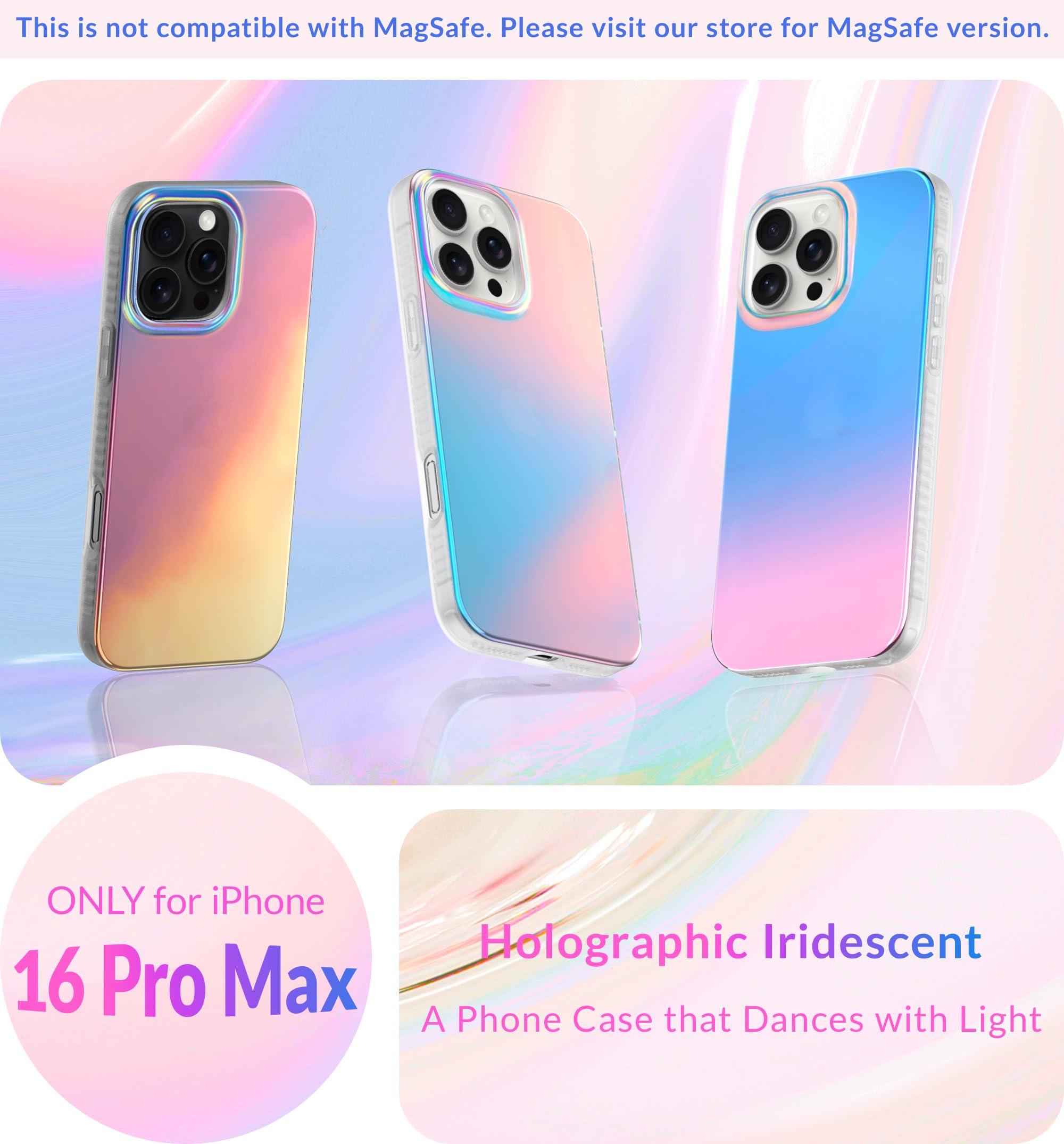 Lonli Hue   For Iphone 16 Pro Max Case   Holographic Iridescent Phone Case   [360 Shock Absorbent Bumper]   Cute, Unique And Aes