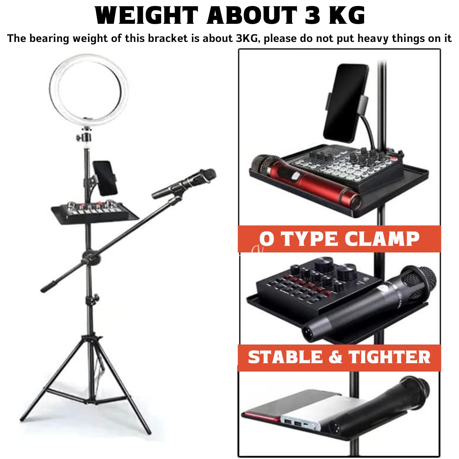 Universal Microphone Stand Tray With Phone Holder, Mic Stand Clamp On Utility Shelf Rack Tray Holder For Music Sheet, Live Strea