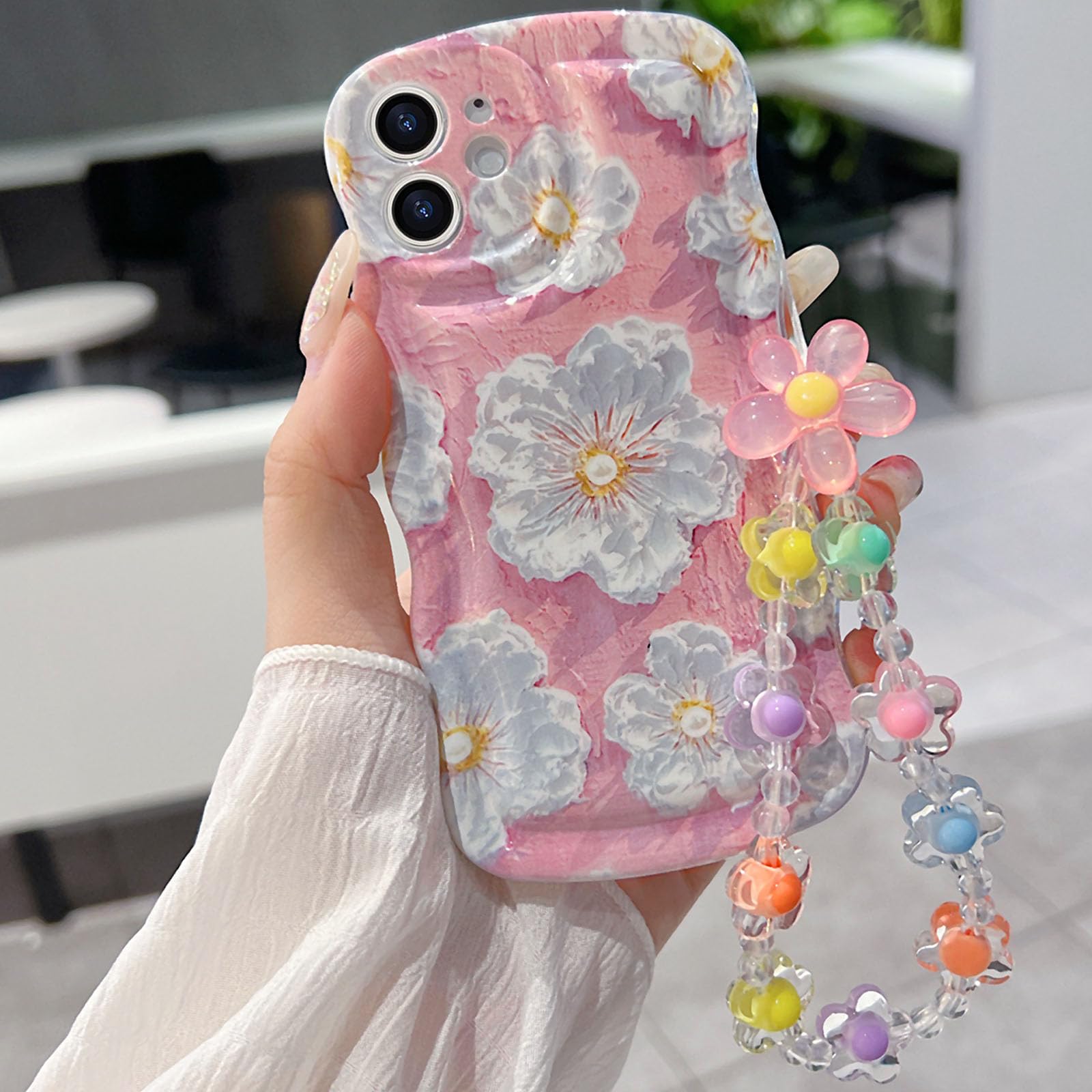 Fxlzcw for iPhone 12 Mini Curly Wavy Case, Cute Colorful Retro Oil Painting Flower Glossy Pattern [with Bead Chain], Slim Fit Sh