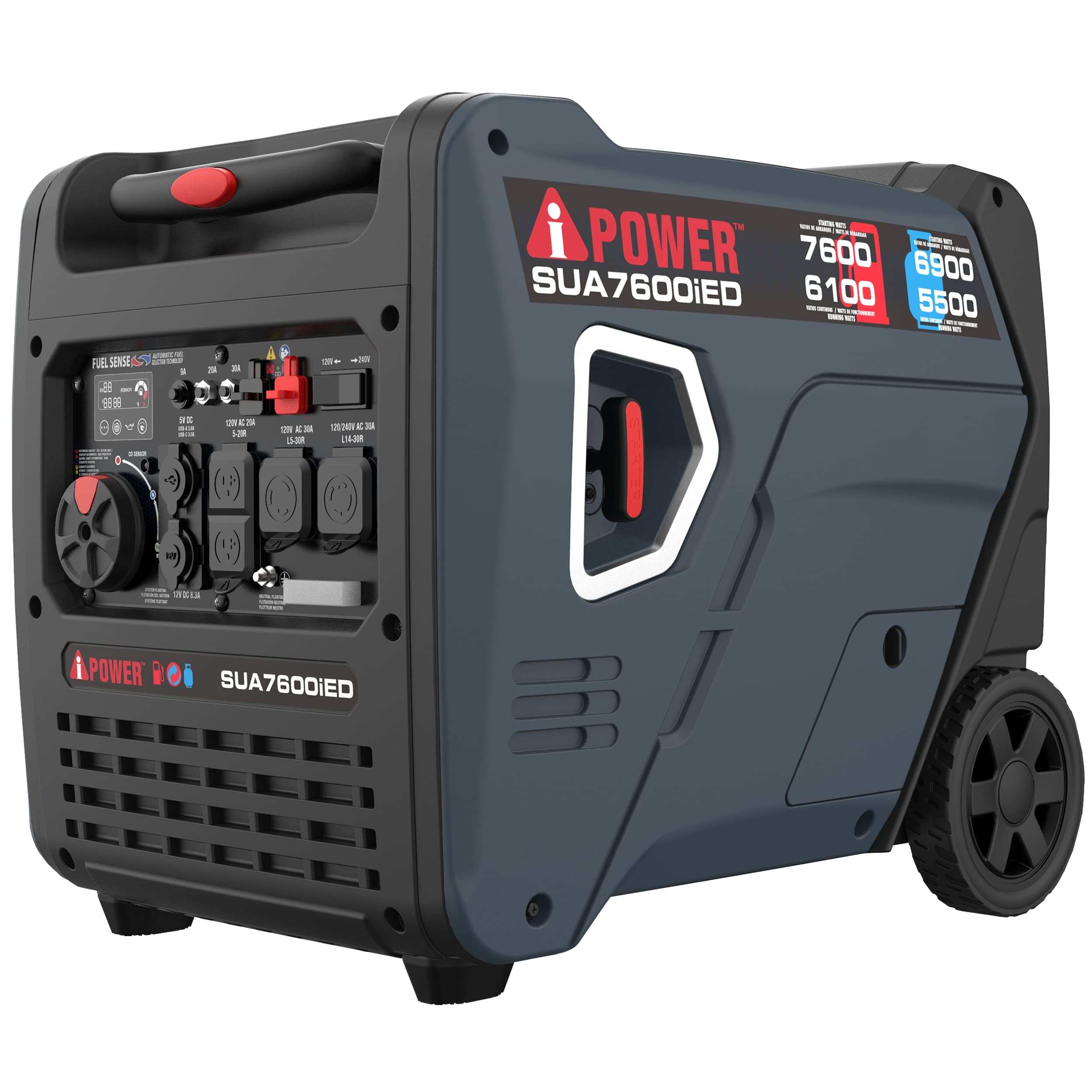 A Ipower Portable Inverter Generator, 7600W Dual Fuel Electric Start Rv Ready, Epa & Carb Compliant Co Sensor, With Telescopic H