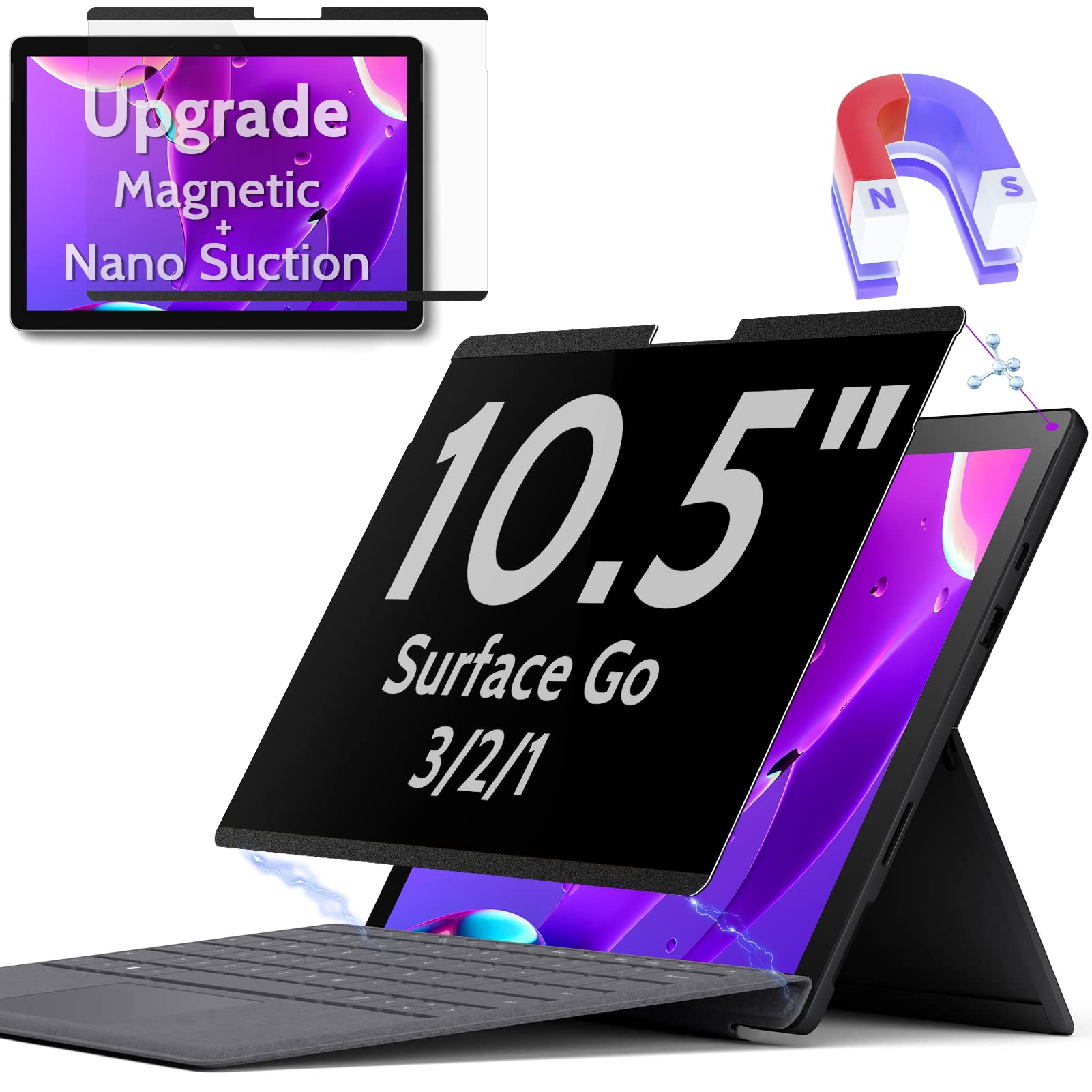 Peslv Magnetic Privacy Screen For Surface Go 3/2/1 10.5 Inch, Removable Anti Blue Light Glare Filter, Black Security Private Apy