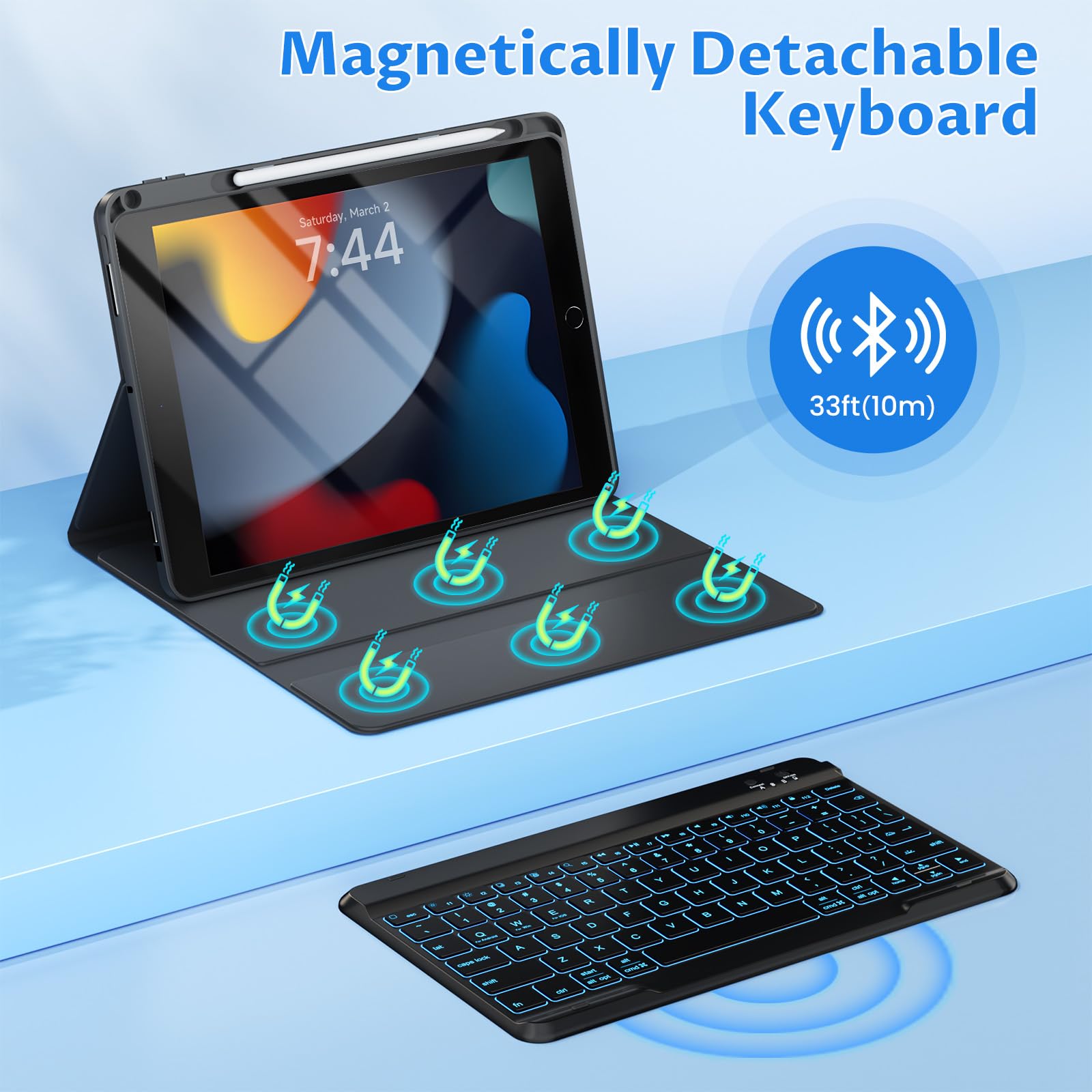 Oyeeice For Ipad 9Th Generation Case With Keyboard   Detachable Backlit Keyboard   Rotatable Cover With Pencil Holder For Ipad 9