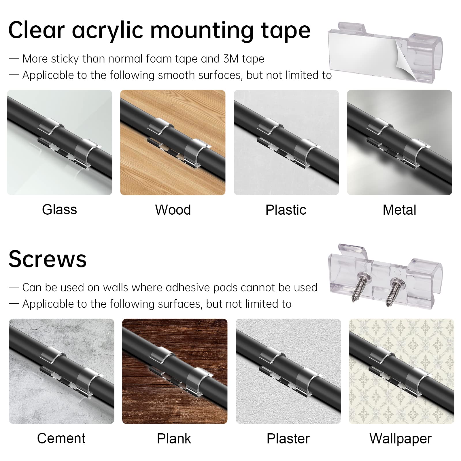 50 Pcs Heavy Duty Cable Clips Transparent With 100 Screws, Attom Tech Clear Self Adhesive Cable Organizer Cord Management System