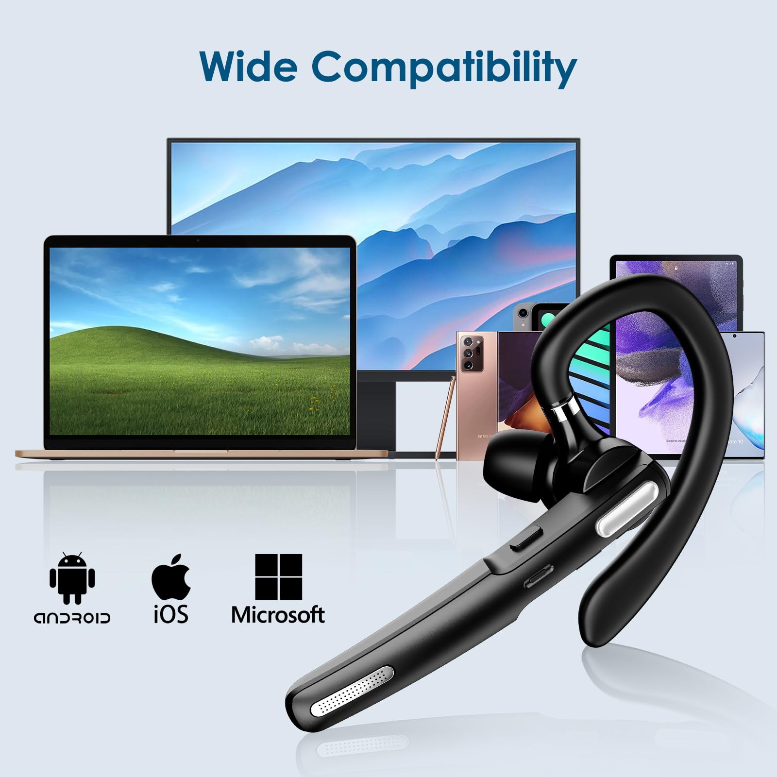 Bluetooth Headset, Wireless Earpiece With Noise Cancelling Microphone For Driving, Single Ear Headphones For Cell Phones, Comput