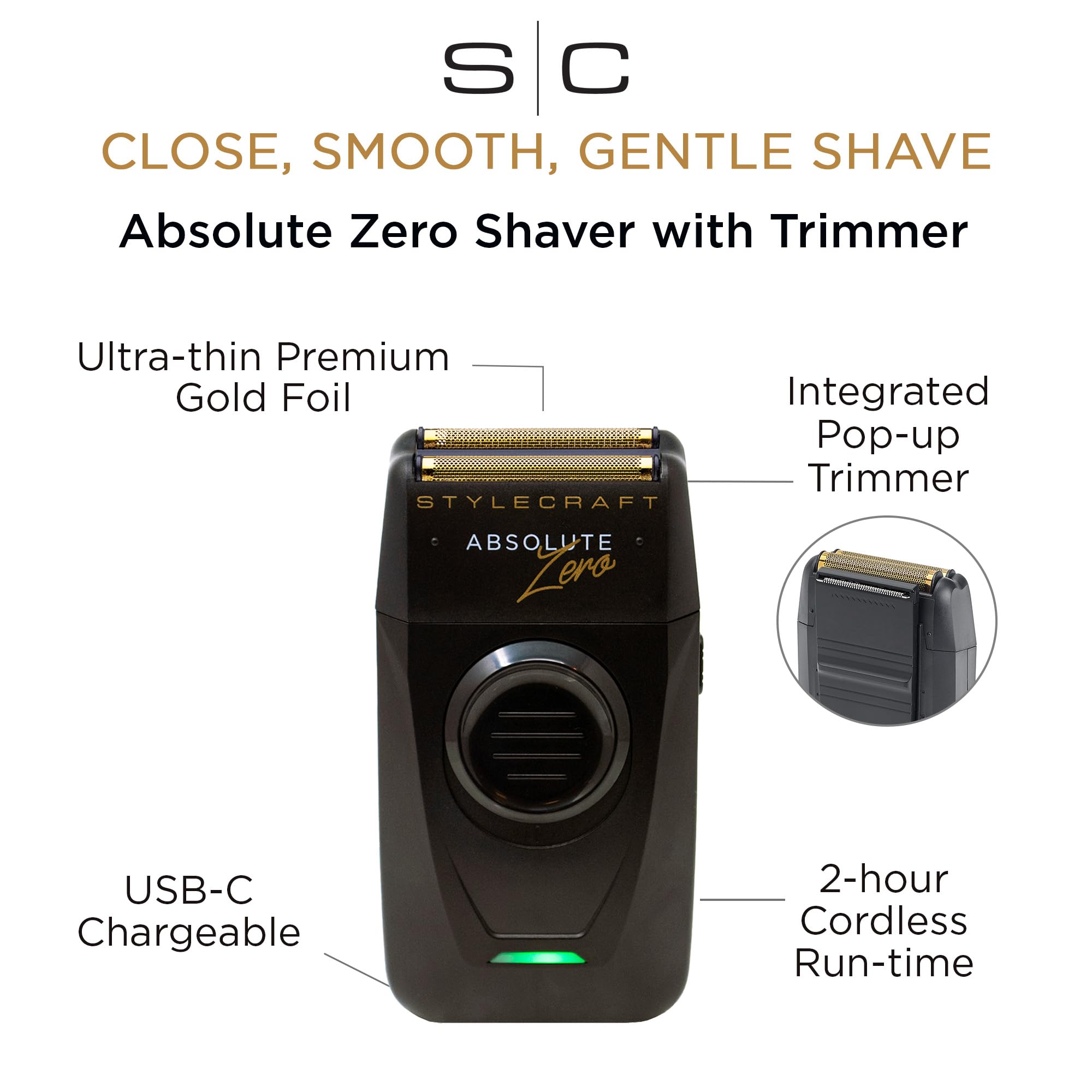 Stylecraft Absolute Zero Foil Shaver   Close, Smooth Shave With Retractable Precision Trimmer, Usb C, Cord/Cordless, Lightweight
