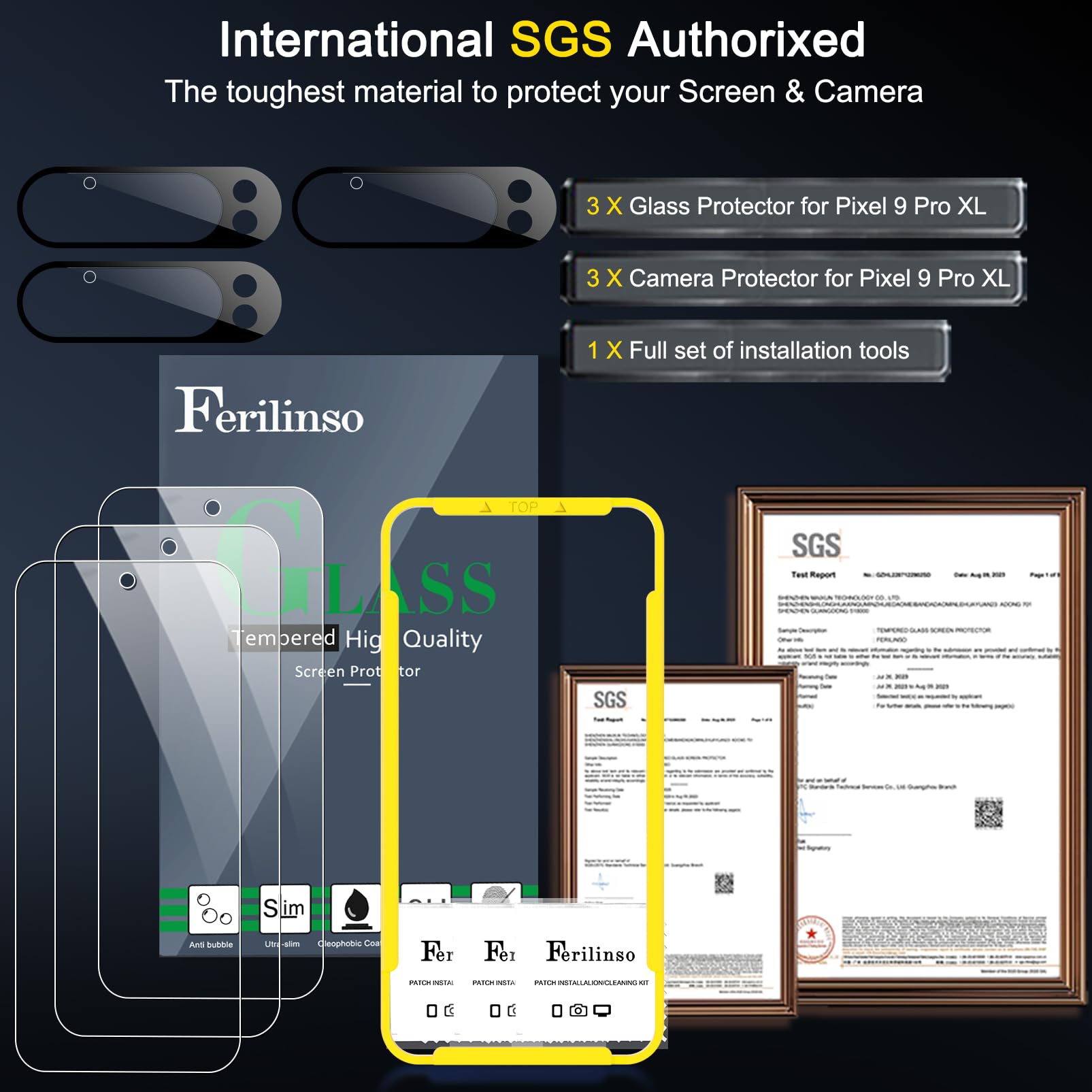 Ferilinso Full Coverage 3 Pack Screen Protector For Google Pixel 9 Pro Xl [Phone Case Friendly], 3 Pack Tempered Glass Camera Le