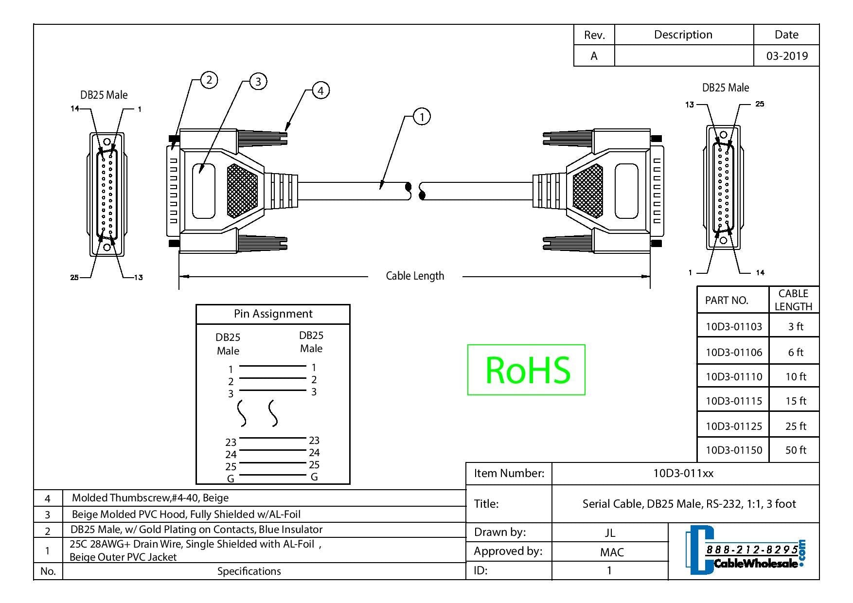 Cablewholesale 3 Feet Serial Cable, Db25 Male To Male, 28 Awg, 25 Conductor, 1:1, Beige, Rs 232 For Printer, Modems, Networks, D