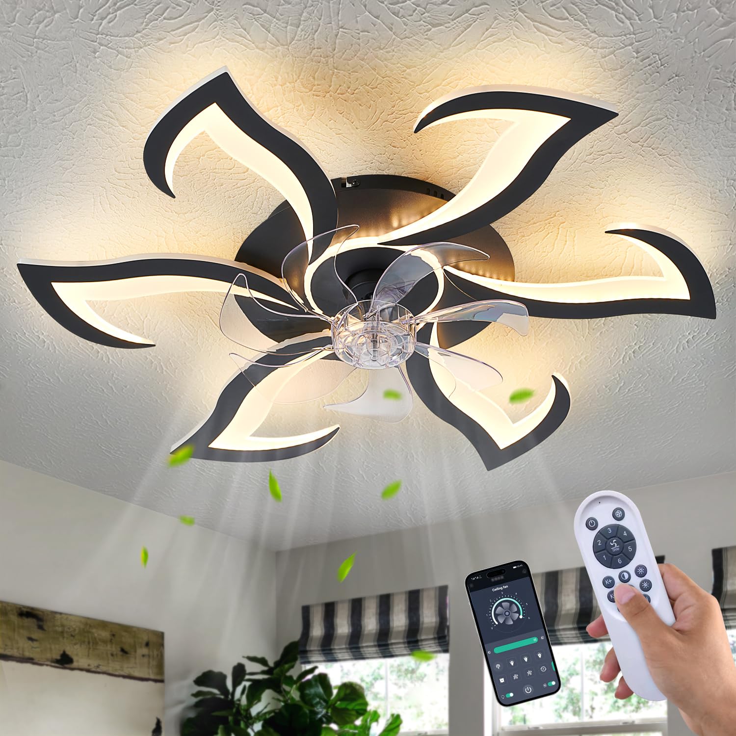 Yfrest Modern Ceiling Fan With Light And Remote, Low Profile Ceiling Fans With Lights, 32 Inch Black Flush Mount Ceiling Fan Wit