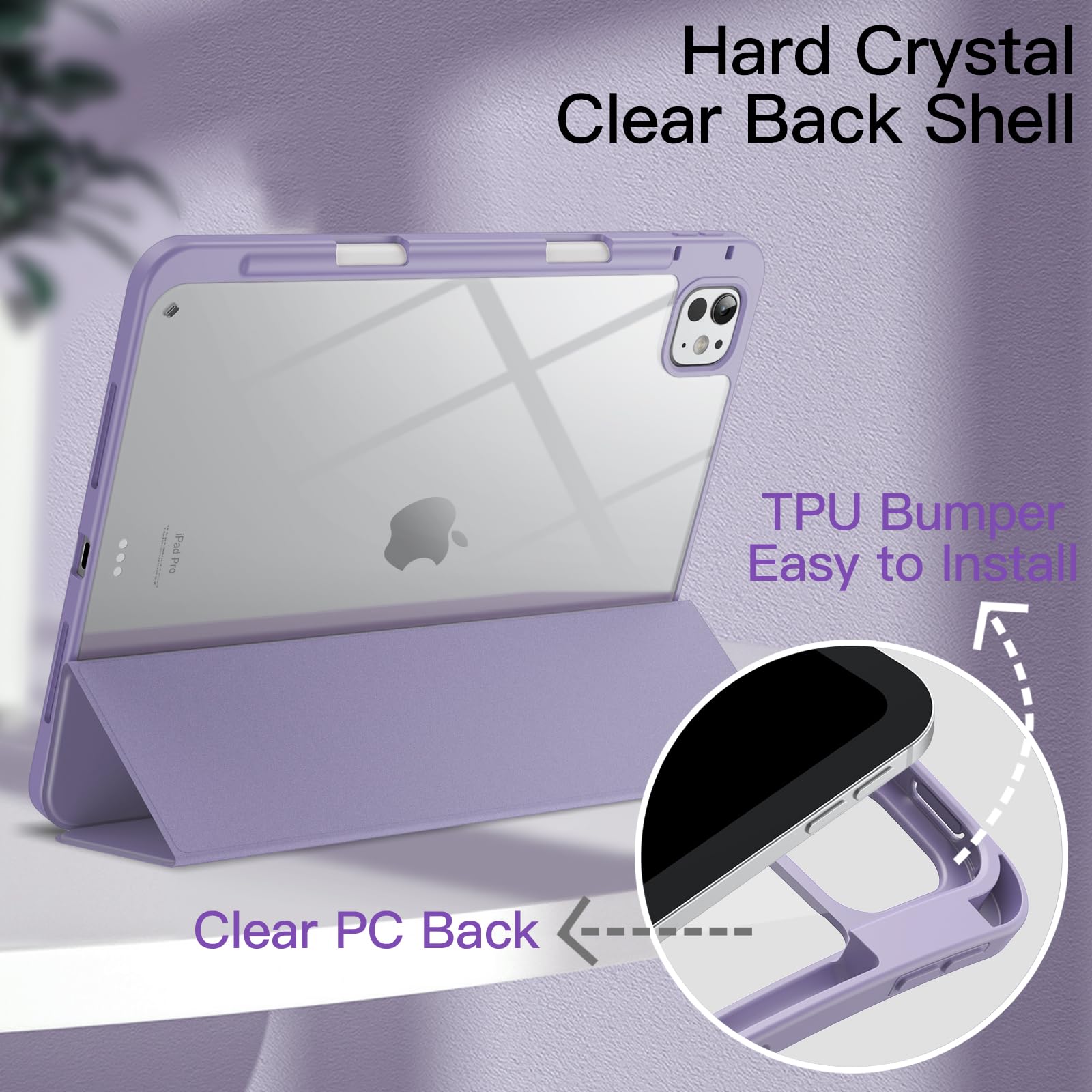 Jetech Case For Ipad Pro 11-Inch M4 2024 (5Th Generation) With Pencil Holder, Clear Transparent Back Shell Slim Stand Shockproof