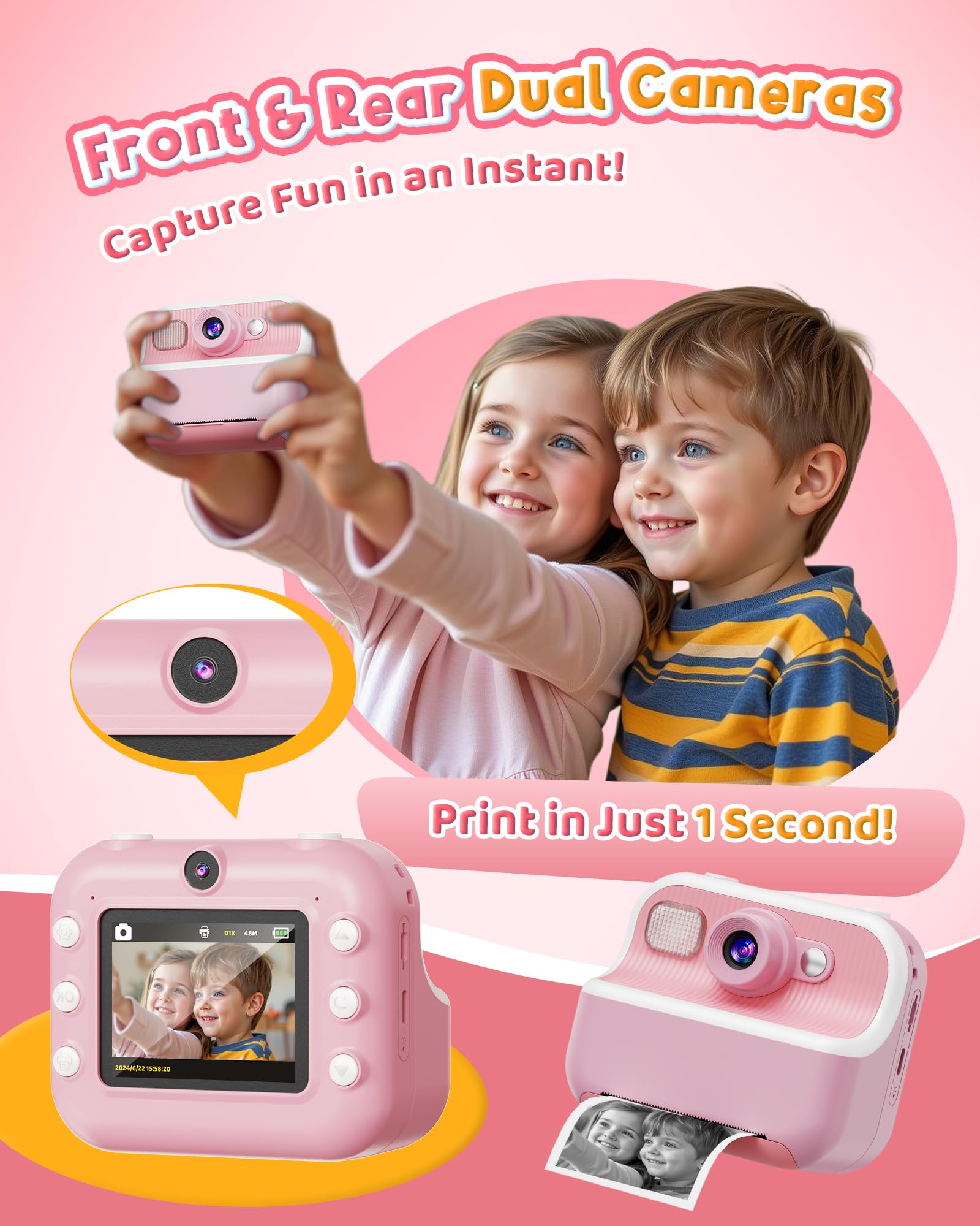 Instant Camera, Front Rear Dual Selfie Kids Camera With 1080P Videos, Holiday Birthday Gifts For Kids Age 3 12, Toddler Portable