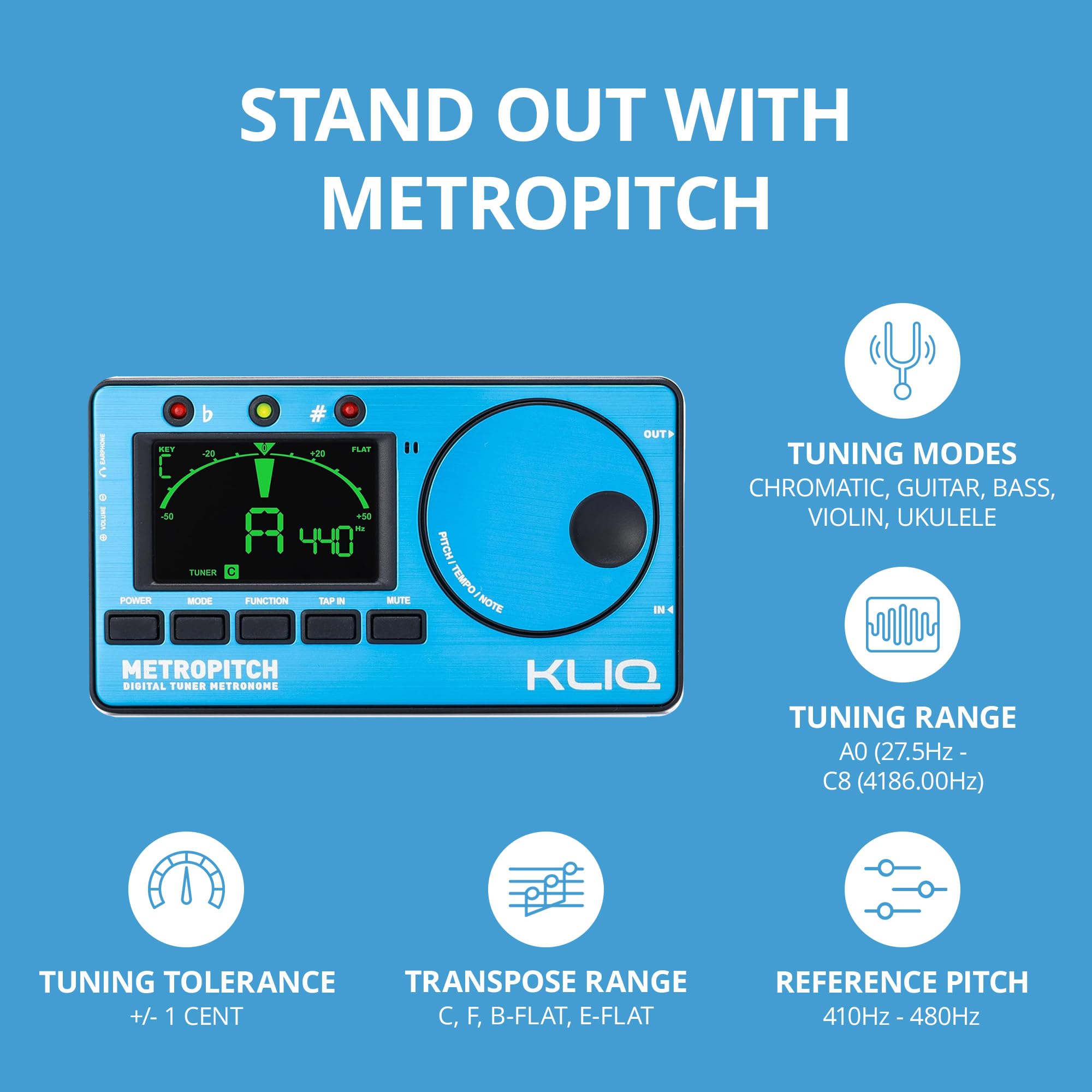 KLIQ MetroPitch Metronome Tuner - Guitar, Bass, Violin, Ukulele - Blue - Model MetroPitch-BK - Metal & Plastic