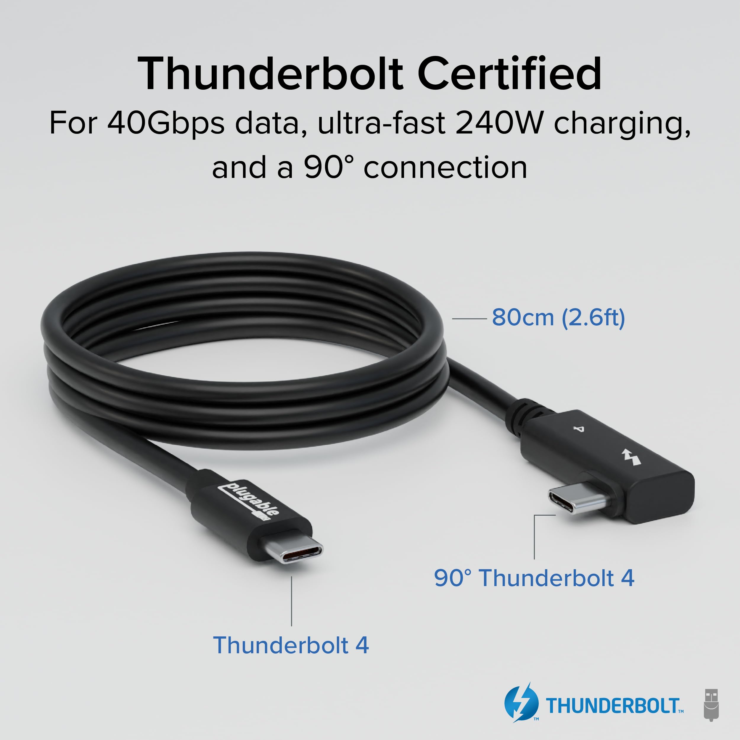 Plugable Thunderbolt 4 Cable Right Angle 40Gbps With 240W Epr Charging, 8K Display, Intel Certified 2.6 Feet (80Cm) Compatible W