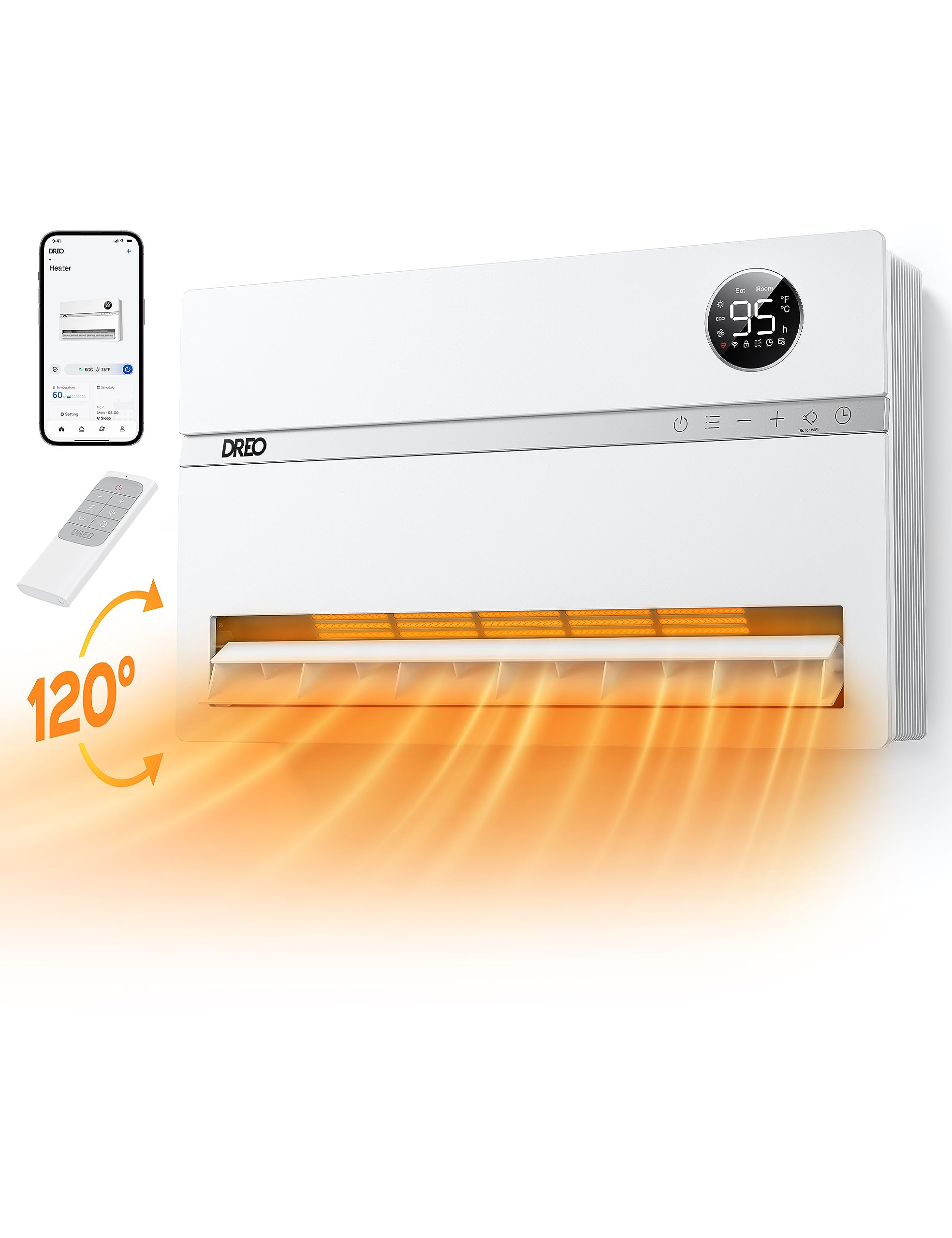 Dreo Smart Wall Heater, Electric Space Heater for Bedroom 1500W, 120 Vertical Oscillation, Adjustable Thermostat, Remote Control