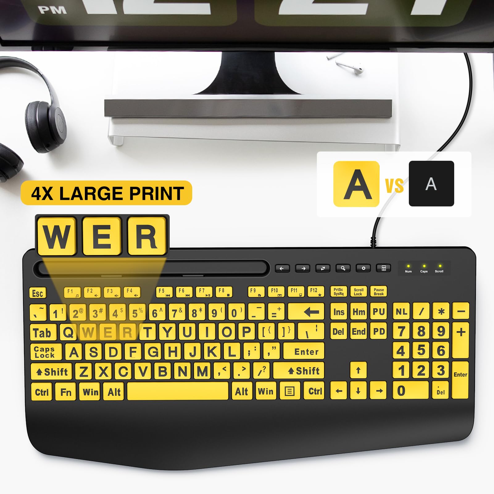 Sablute Large Print Keyboard Wired Computer Keyboards With Wrist Rest, Phone Holder, Big Letters Easy To Read Compatible Windows