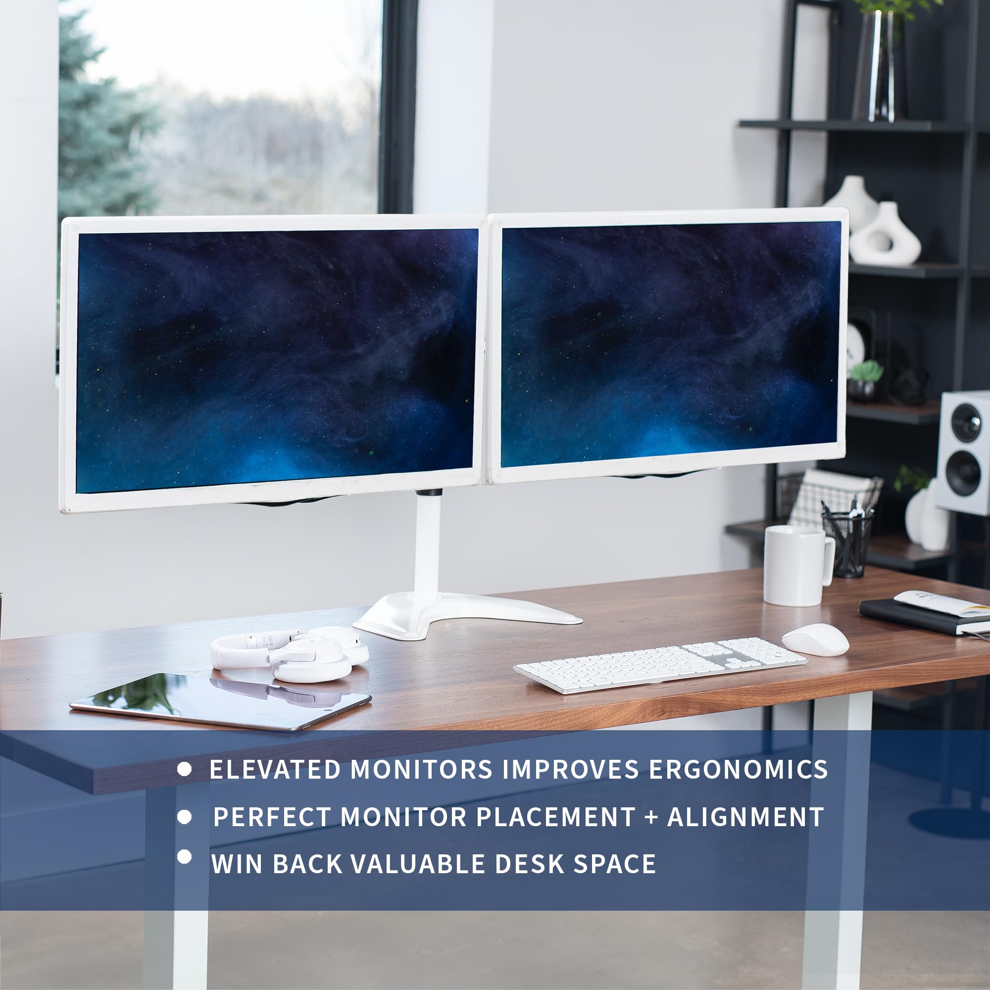 VIVO Dual LED LCD Monitor Mount, Free Standing Desk Stand for 2 Screens up to 32 Inch, Heavy Duty Fully Adjustable Arms with Max VESA 100x100mm, White, STAND V032FW