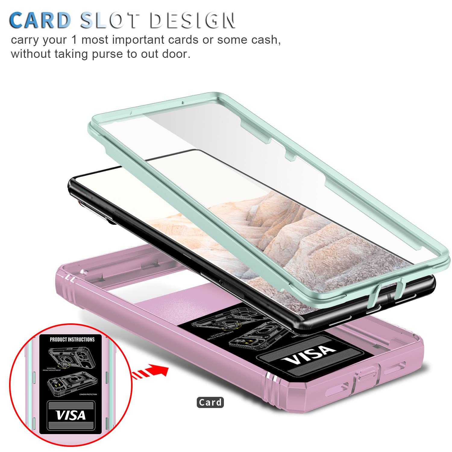 Fetrim Case For Google Pixel 6, Camera Cover Phone Case With Rotation Ring Stand For Google Pixel 6   Green Pink