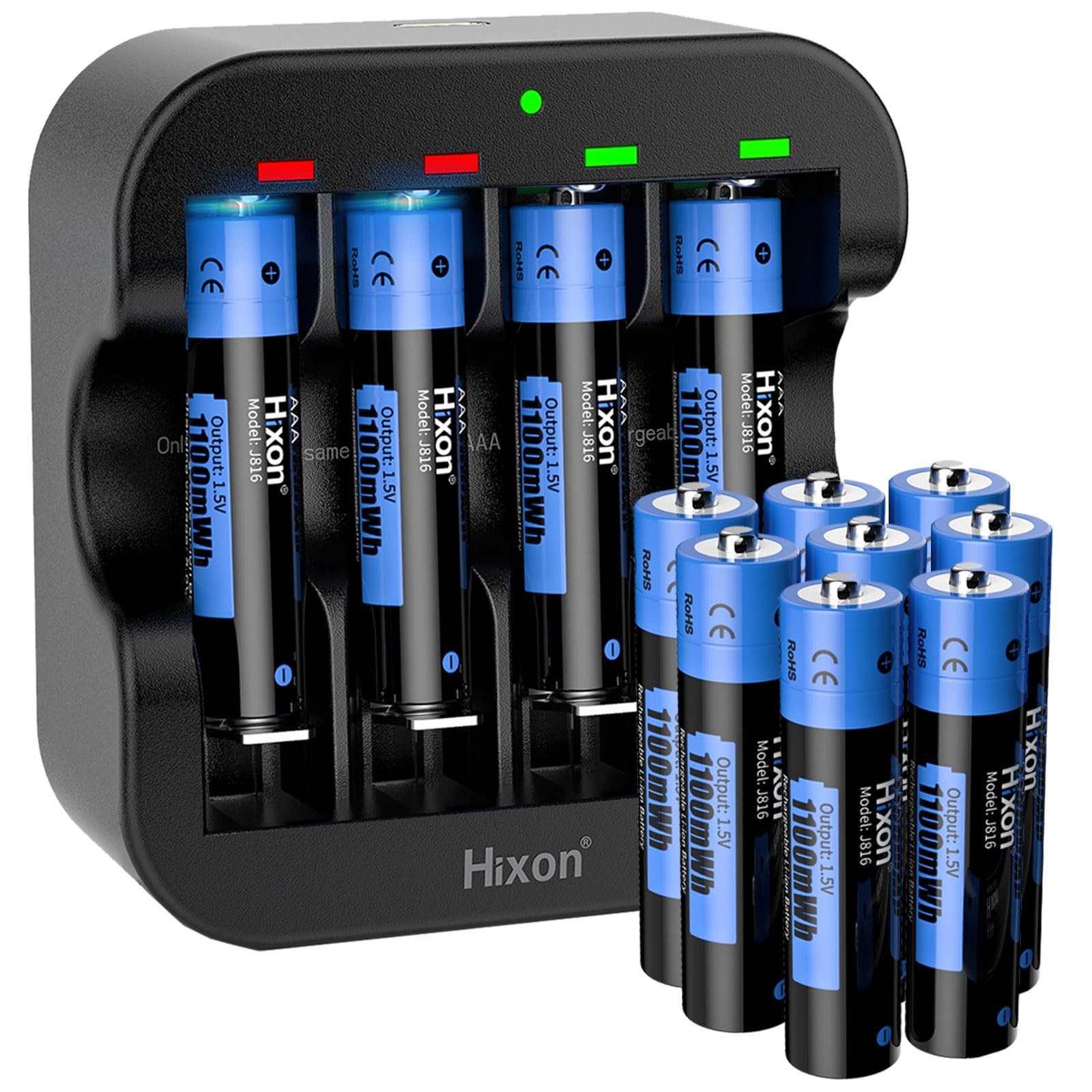 AAA Rechargeable Lithium Batteries with Charger,Hixon 1100mWh High-Capacity Triple AAA Rechargeable Battery,1600 Cycles,Constant