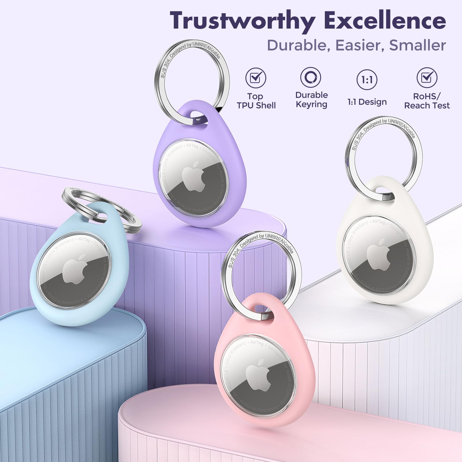 Unbreakcable 4 Pack Macaron Colored Apple Airtag Holder [Hold Air Tag Securely] [Easy To Install] Protective Case Waterproof Tpu