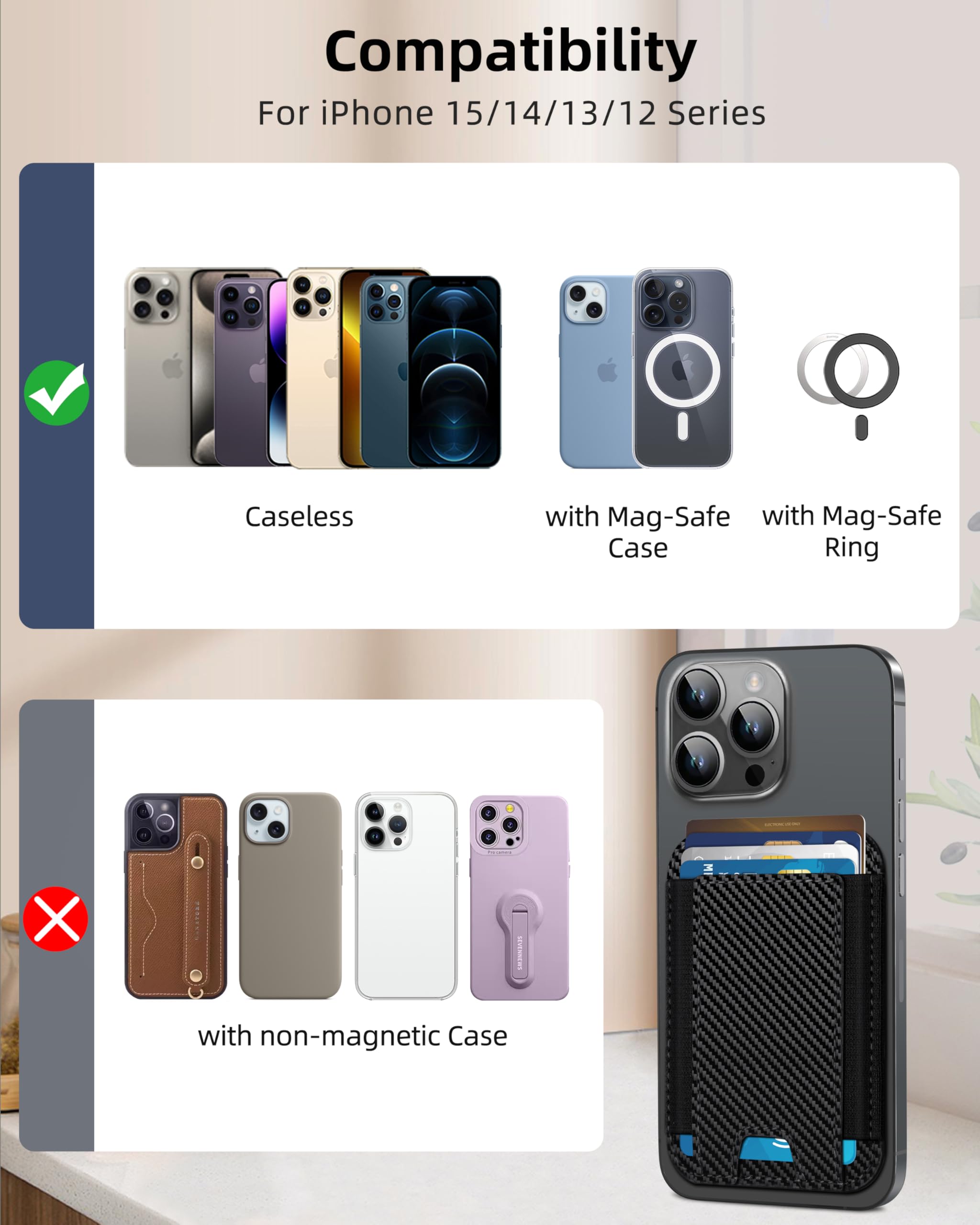 Hiwe For Magsafe Wallet, Magnetic Card Holder For Iphone 15/14/13/12 Series, Minimalist Leather Wallet, 1 Slot, Fit 6 Cards, Sli