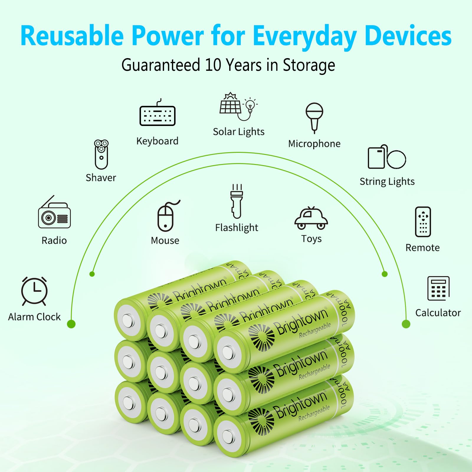 Brightown 12 Pack Rechargeable Aa Batteries   1000Mah 1.2V Nimh High Capacity Batteries   Ideal For Solar Lights & Home Devices, Recharge Up To 1000X Times, Pre Charged