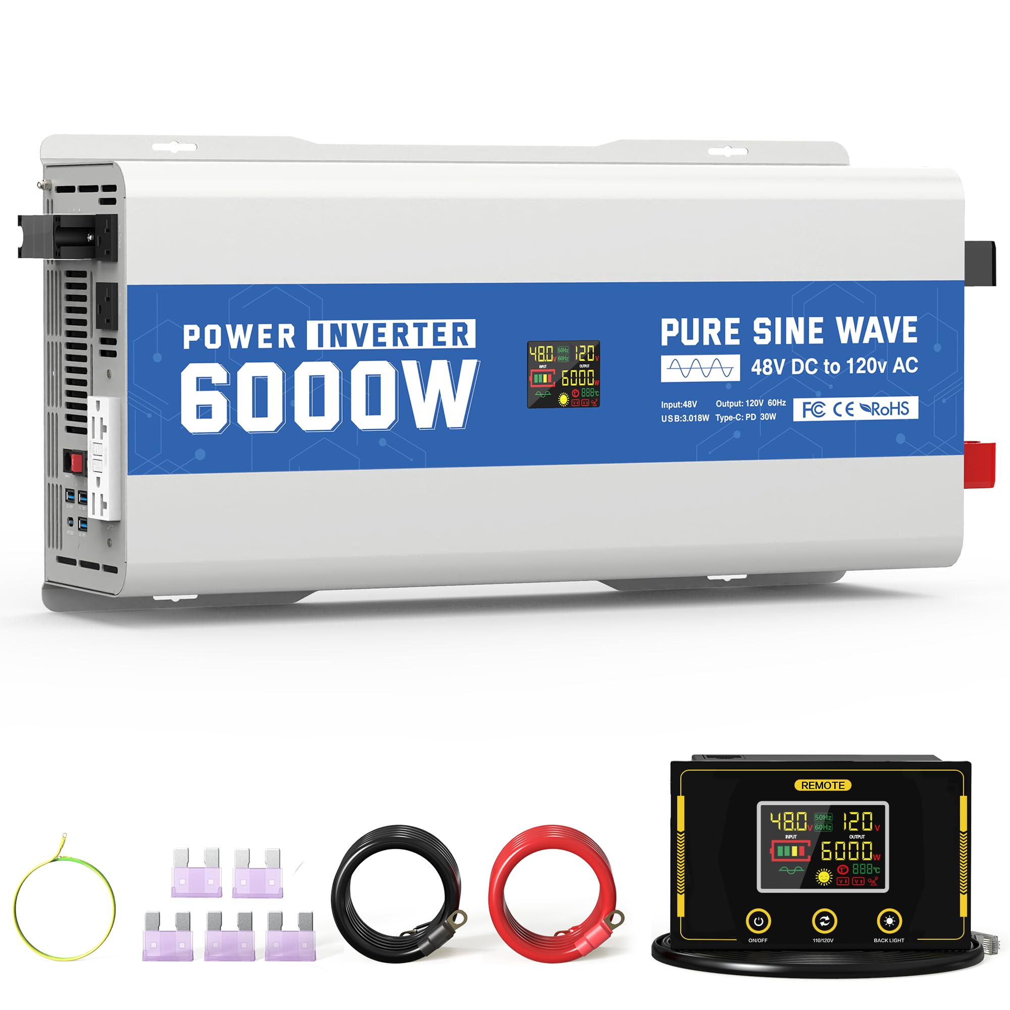 ASMONTRIC 6000 Watt Pure Sine Wave Inverter, 48V DC to 120V AC Power Inverter with LCD Display, GFCI Outlet, USB Port, 4 AC Outl