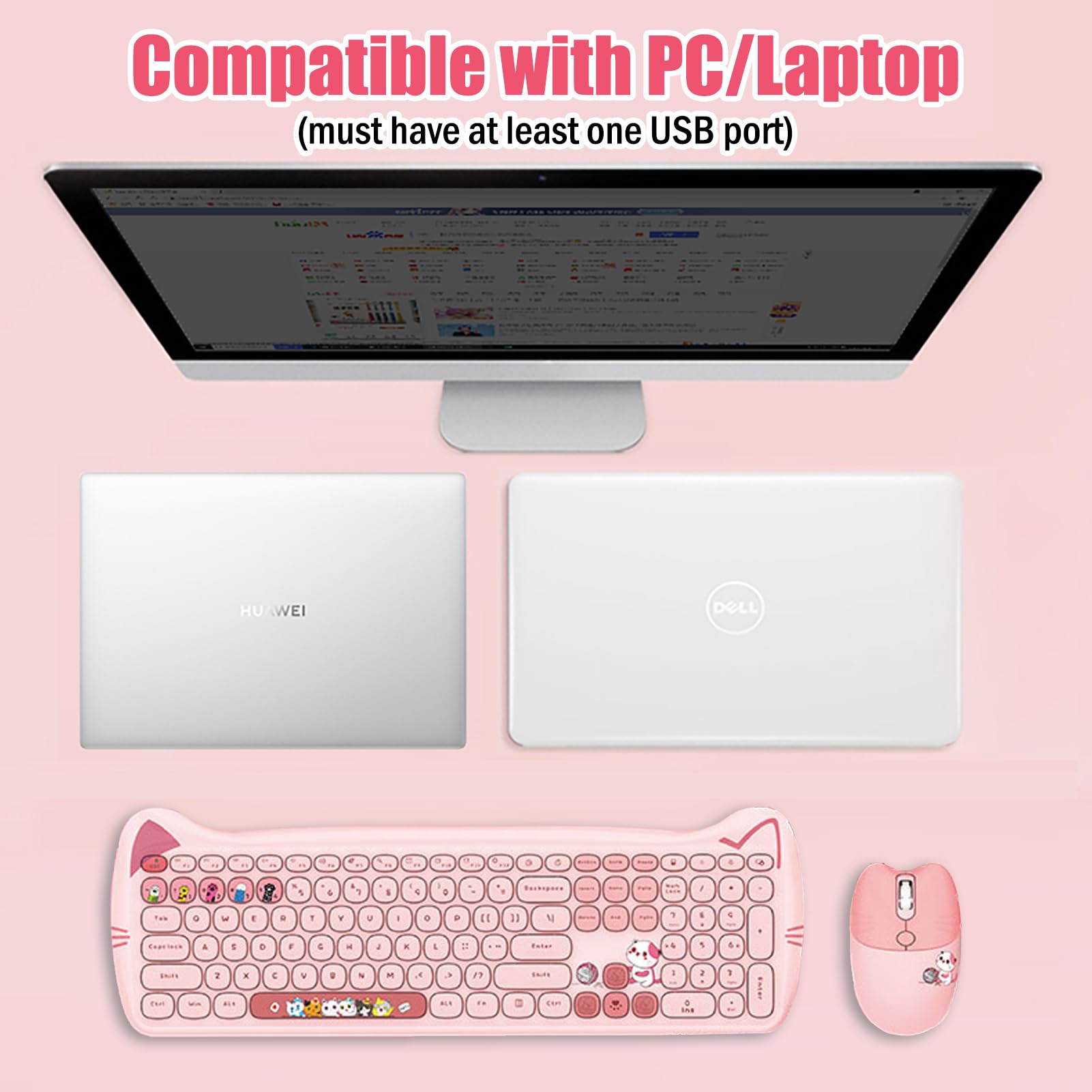 Cute Cat 2.4G Usb Wireless Keyboard And Mouse Combo, Silent Keys, Candy Colors, Compatible With Notebook, Pc (Pink 110Keys)