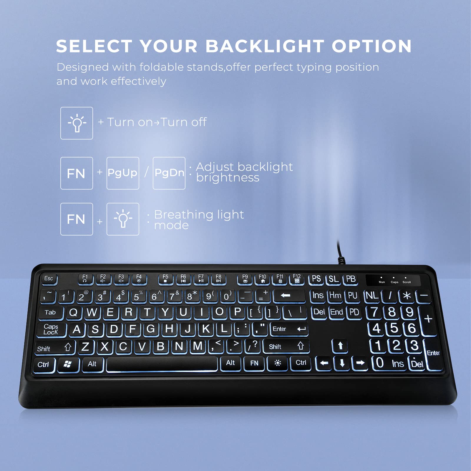 Kopjippom Large Print Backlit Keyboard, Quiet Usb Wired Computer Keyboard, Full Size Keyboard With White Illuminated Led Compati