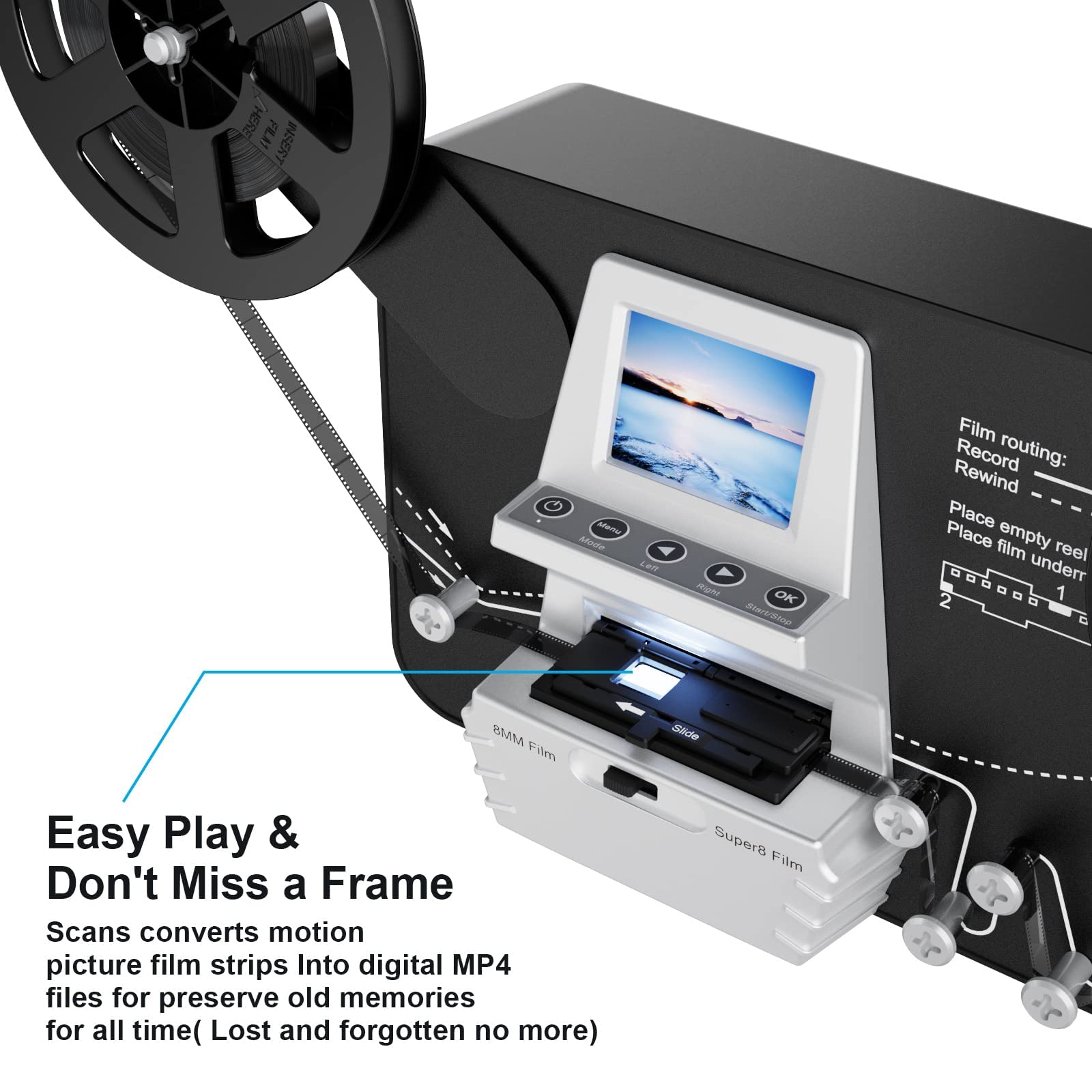 8Mm & Super 8 Film To Digital Converter, Film Scanner Digitizer With 2.4' Screen, Convert 3� 5� 7� 9� Reels Into 1080P Digital Mp4 Files,Sharing & Saving On 32Gb Sd Card